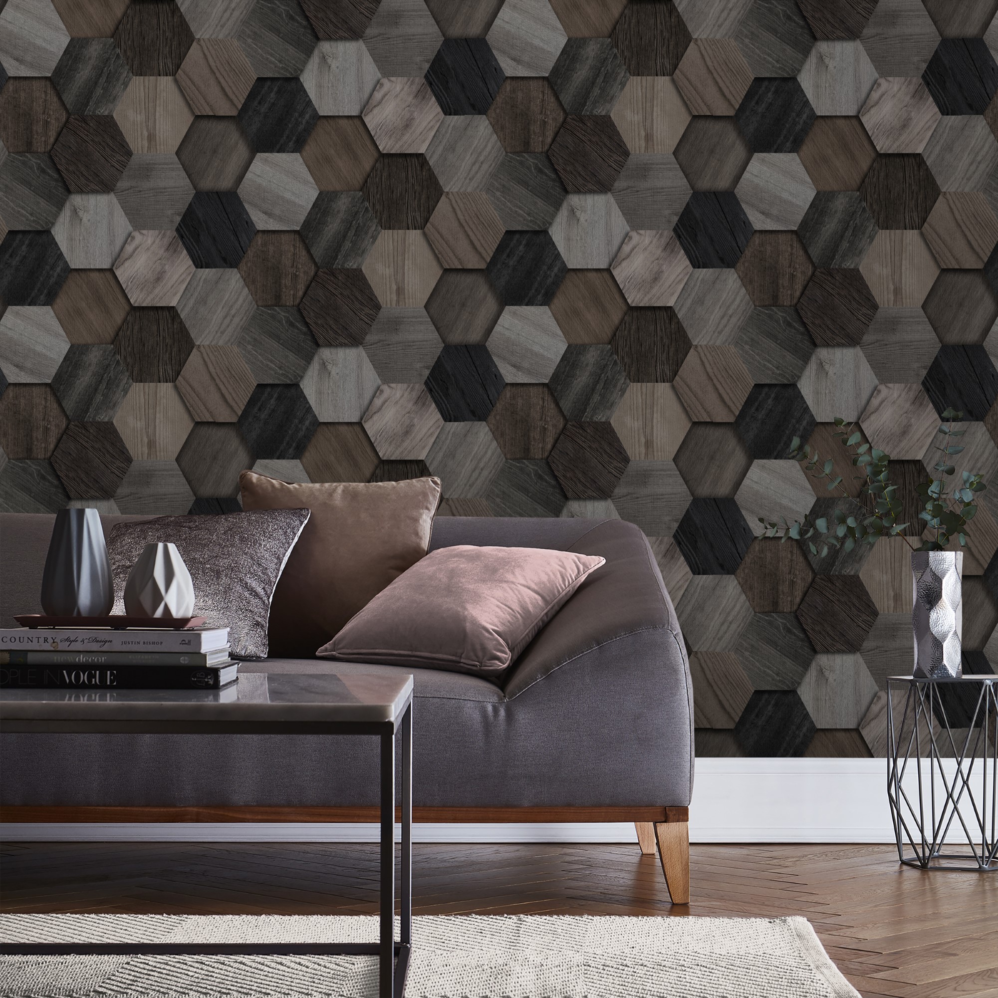 Papier peint intissé hexagone en bois gris 1005x52cm Papier peint intissé hexagone en bois gris 1005x52cm