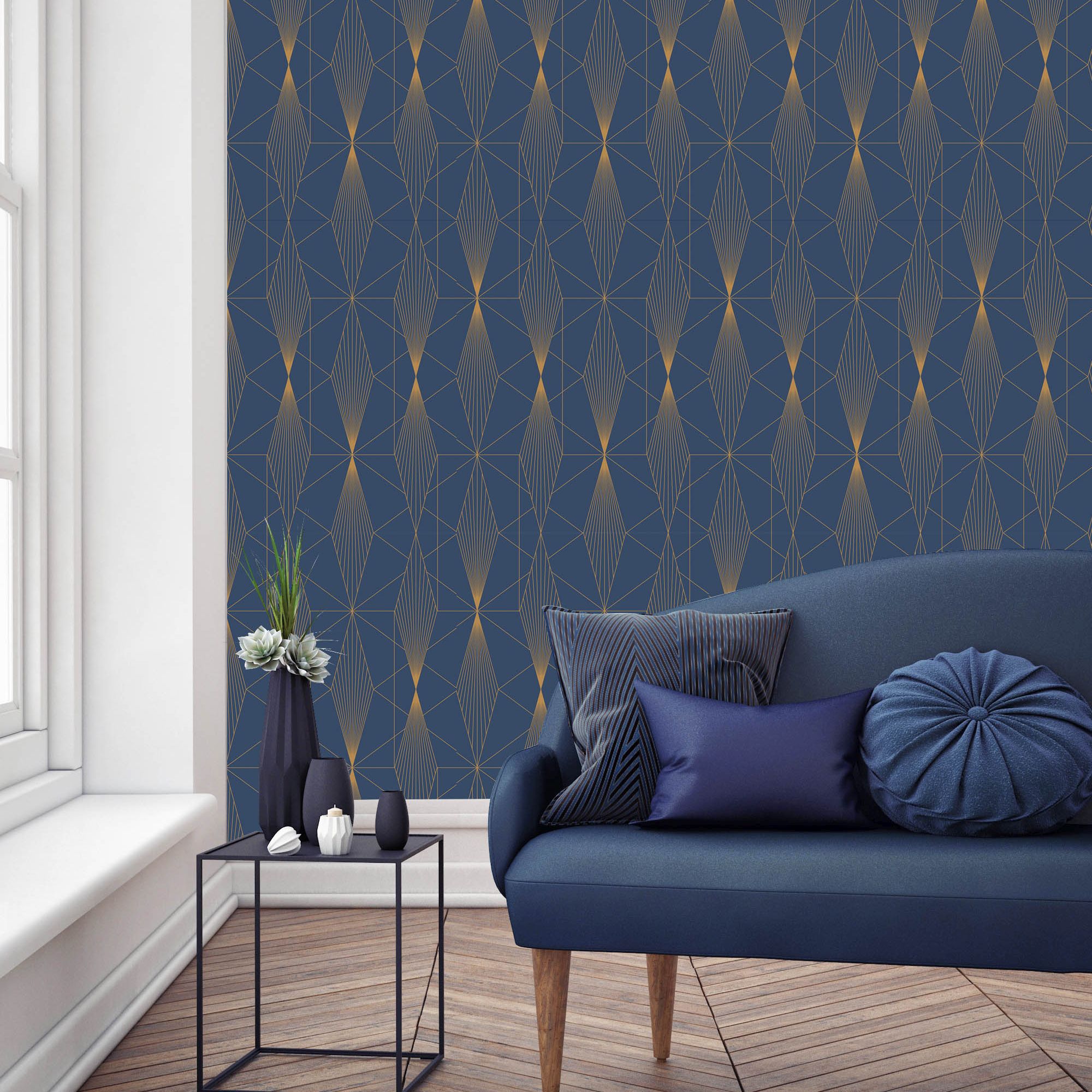 Papier peint intissé diamants Gaby bleu or 1005x52cm Papier peint intissé diamants Gaby bleu or 1005x52cm
