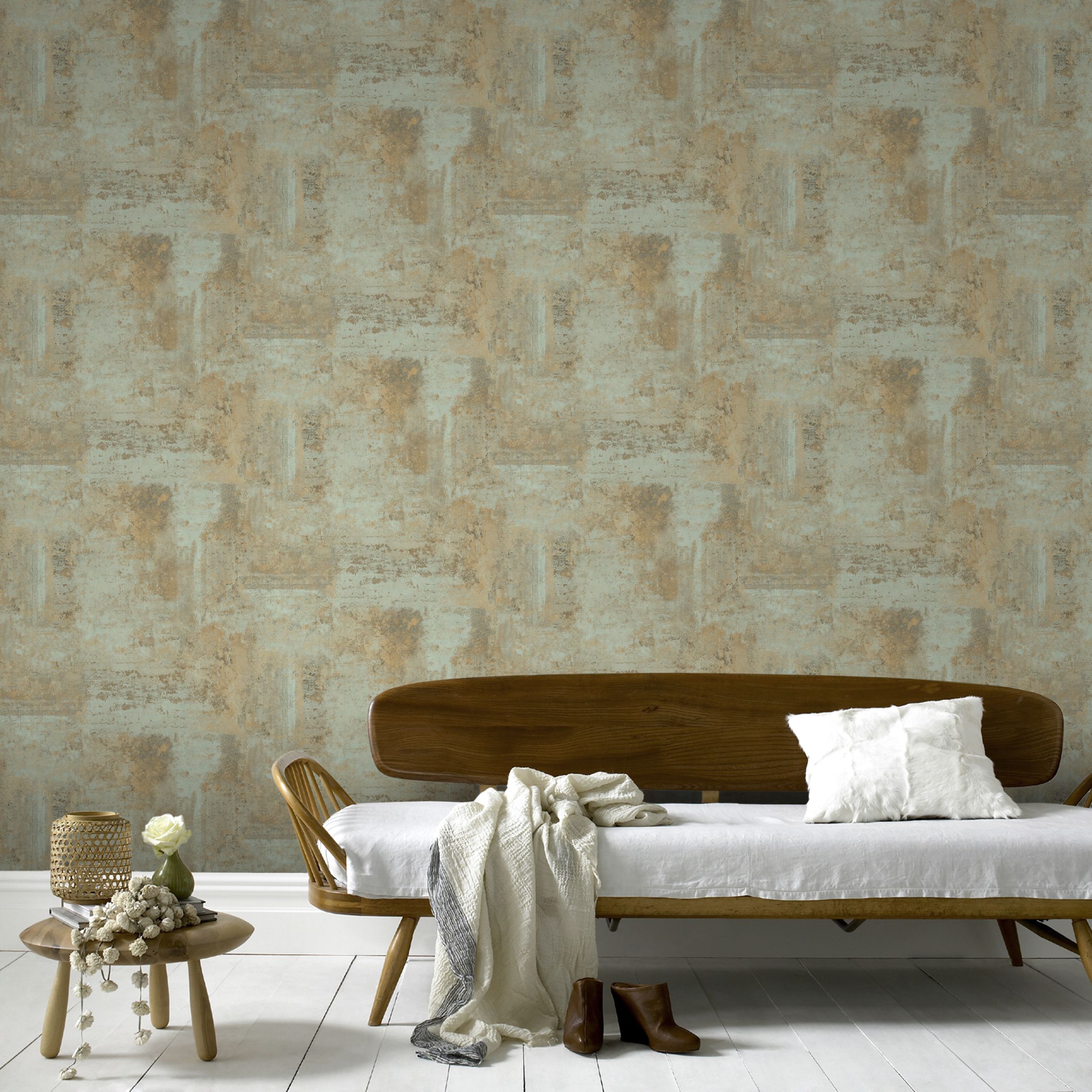 Papier peint intissé béton luxe bleu vert cuivre 1005 x 52cm