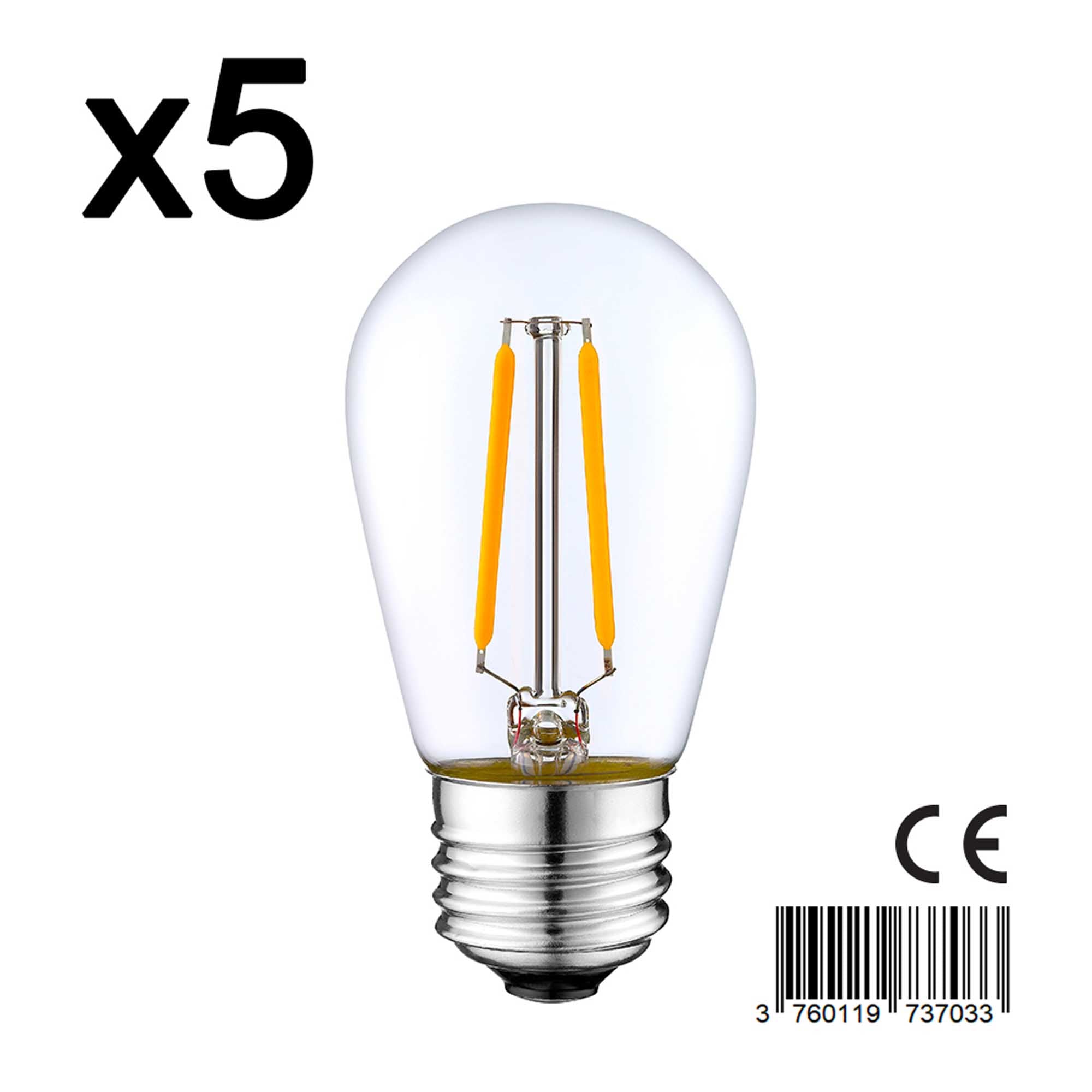 Lot de 5 ampoules filament LED E27 blanc chaud E27 S45 2W H10cm Lot de 5 ampoules filament LED E27 blanc chaud E27 S45 2W H10cm