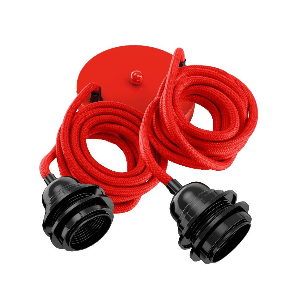 Suspension 2 fils électriques en tissu rouge 2,5m douille noire