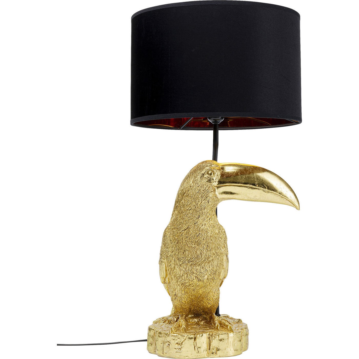 Lampe toucan en polyrésine dorée et abat-jour noir Lampe toucan en polyrésine dorée et abat-jour noir