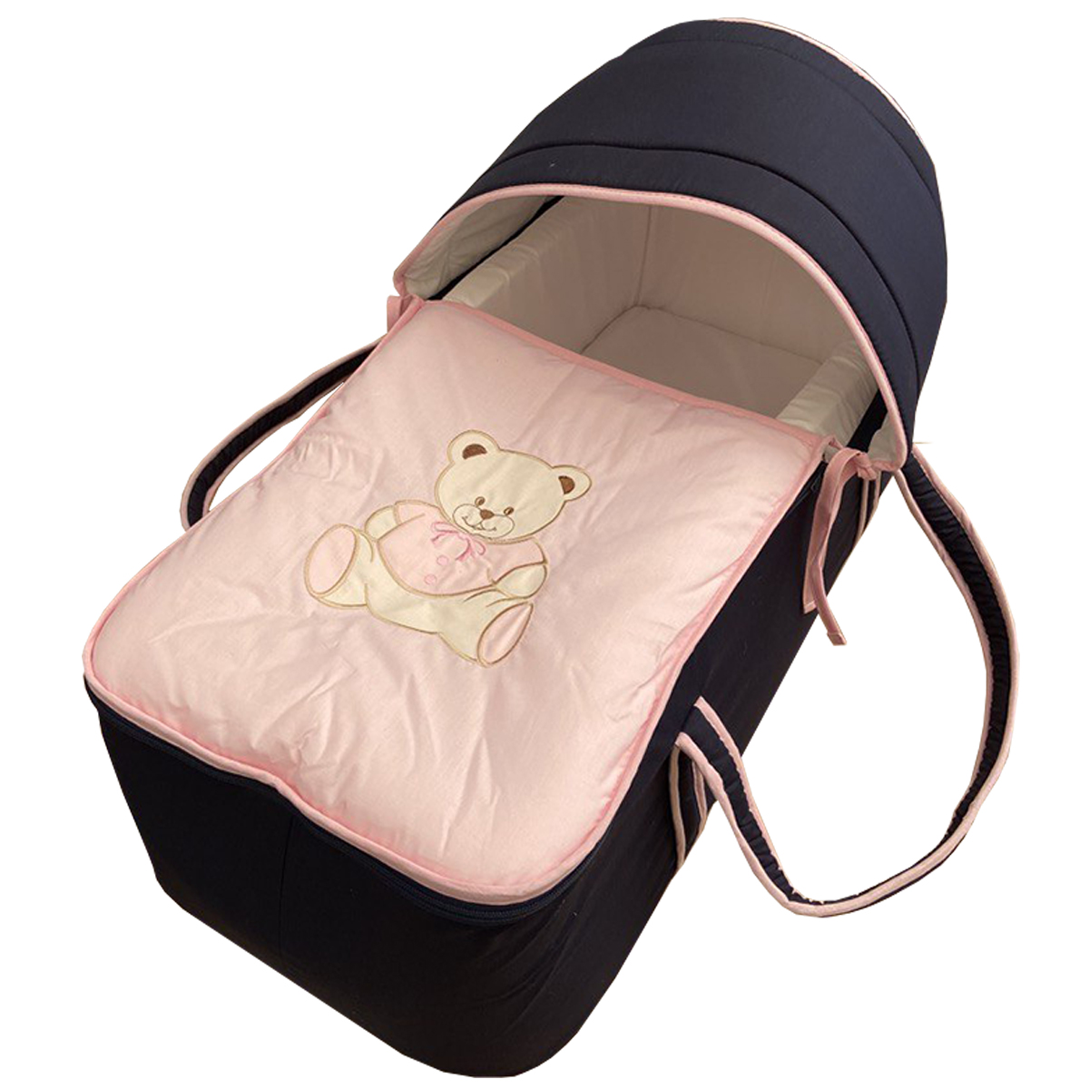 Couffin pour bébé bleu nuit et rose motif nounours Couffin pour bébé bleu nuit et rose motif nounours