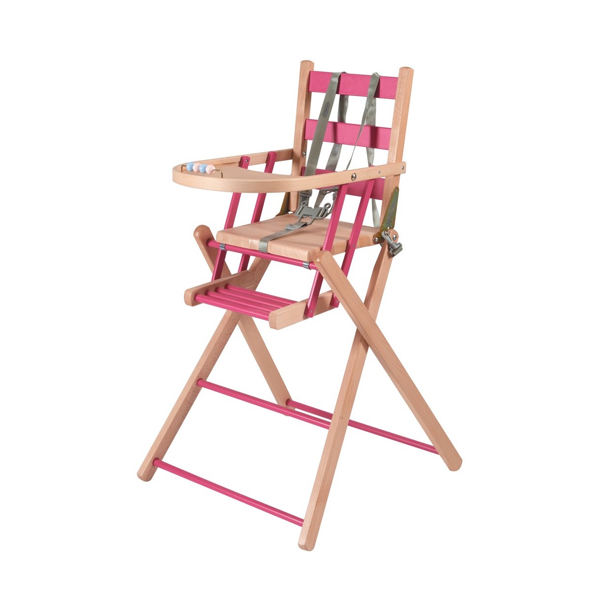 Chaise haute bébé pliante en bois bicolore fuchsia - 57x95 cm Chaise haute bébé pliante en bois bicolore fuchsia - 57x95 cm