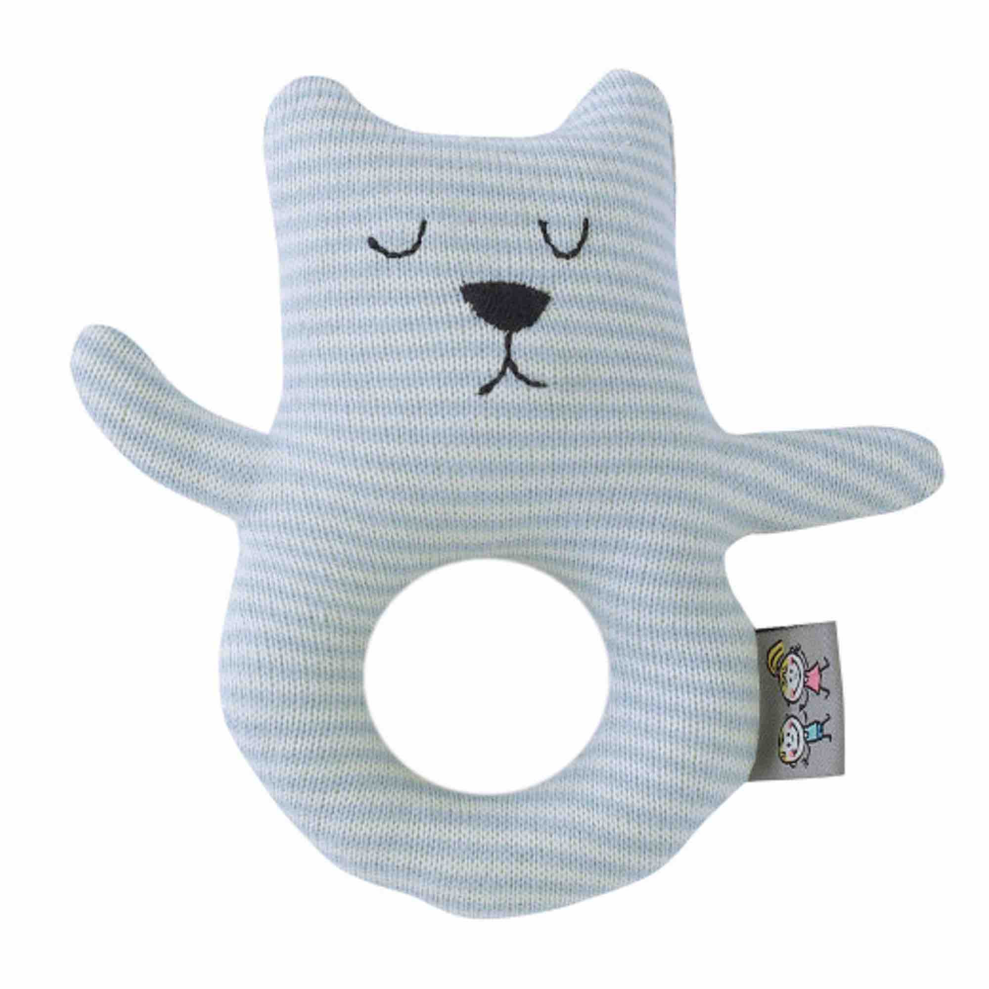 Hochet en tricot de coton bleu bébé