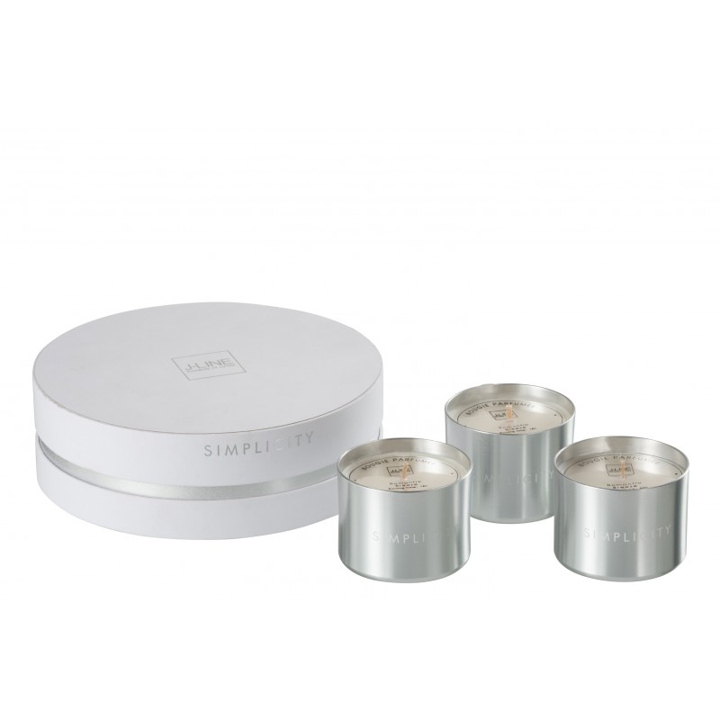 Boîte 3 bougies parfumées cire blanc/argent 18h Boîte 3 bougies parfumées cire blanc/argent 18h