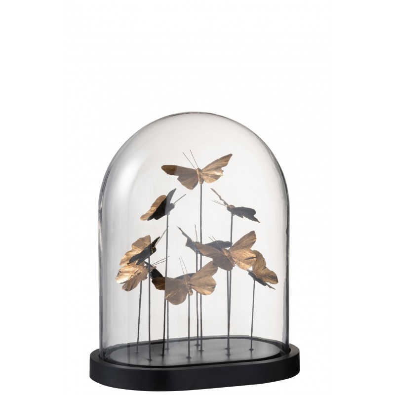 Cloche papillons ovale verre noir/or H33cm Cloche papillons ovale verre noir/or H33cm