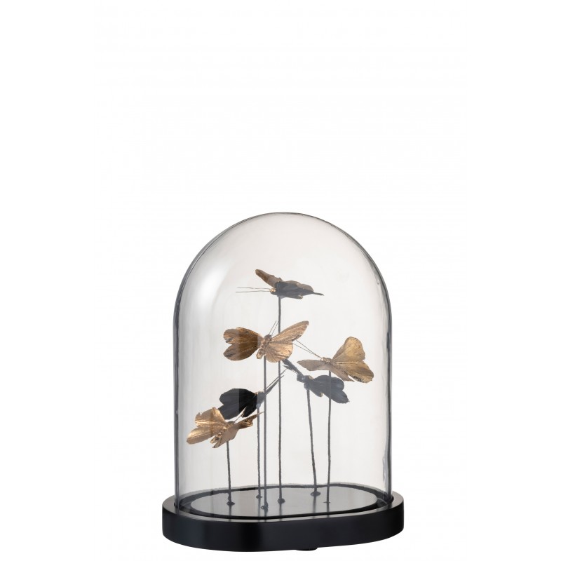 Cloche papillons ovale verre noir/or H27cm Cloche papillons ovale verre noir/or H27cm