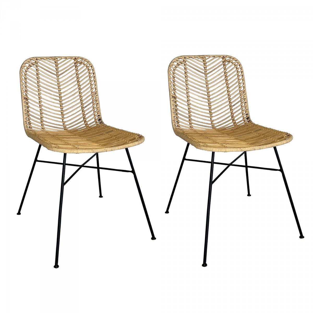 Lot de 2 chaises design en métal noir et rotin Lot de 2 chaises design en métal noir et rotin