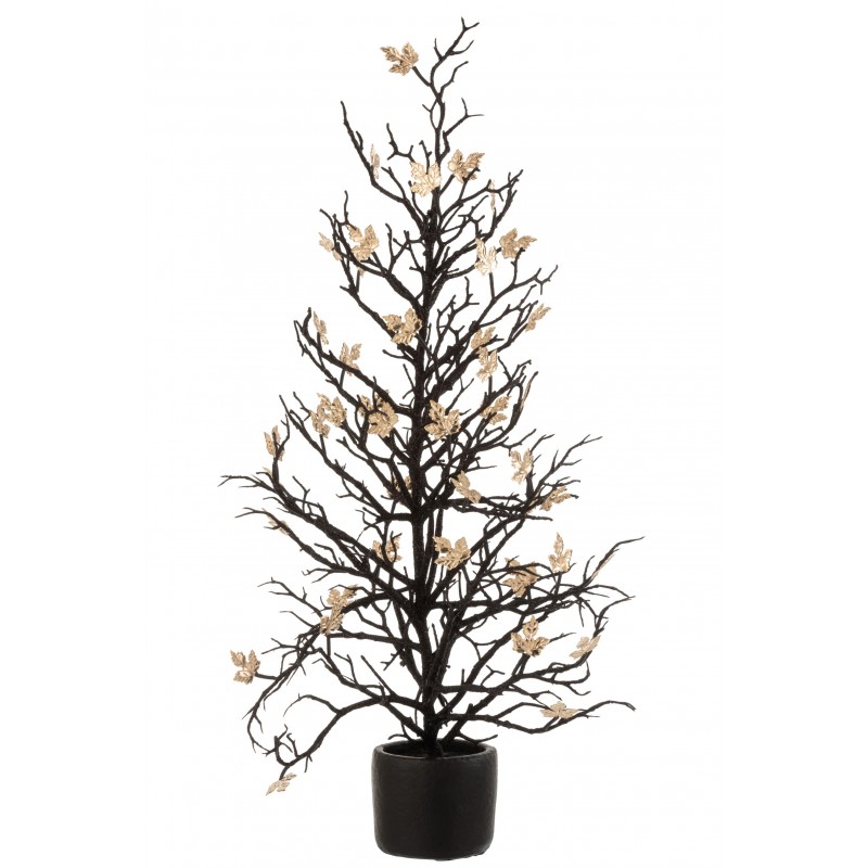 Arbre nu en pot + feuilles paillettes noir/or H71cm