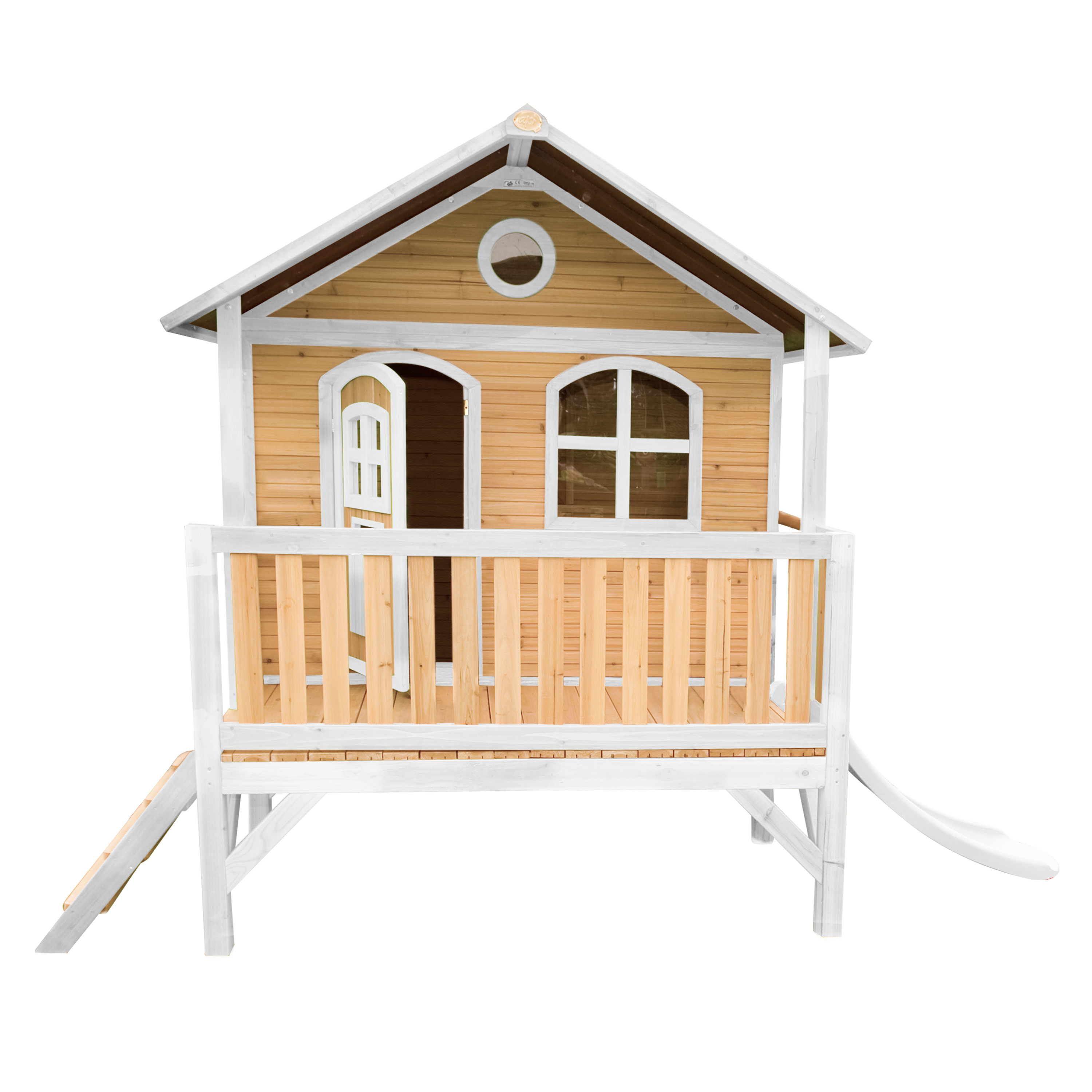 Maisonnette sur pilotis en bois brun et blanc avec toboggan blanc Maisonnette sur pilotis en bois brun et blanc avec toboggan blanc