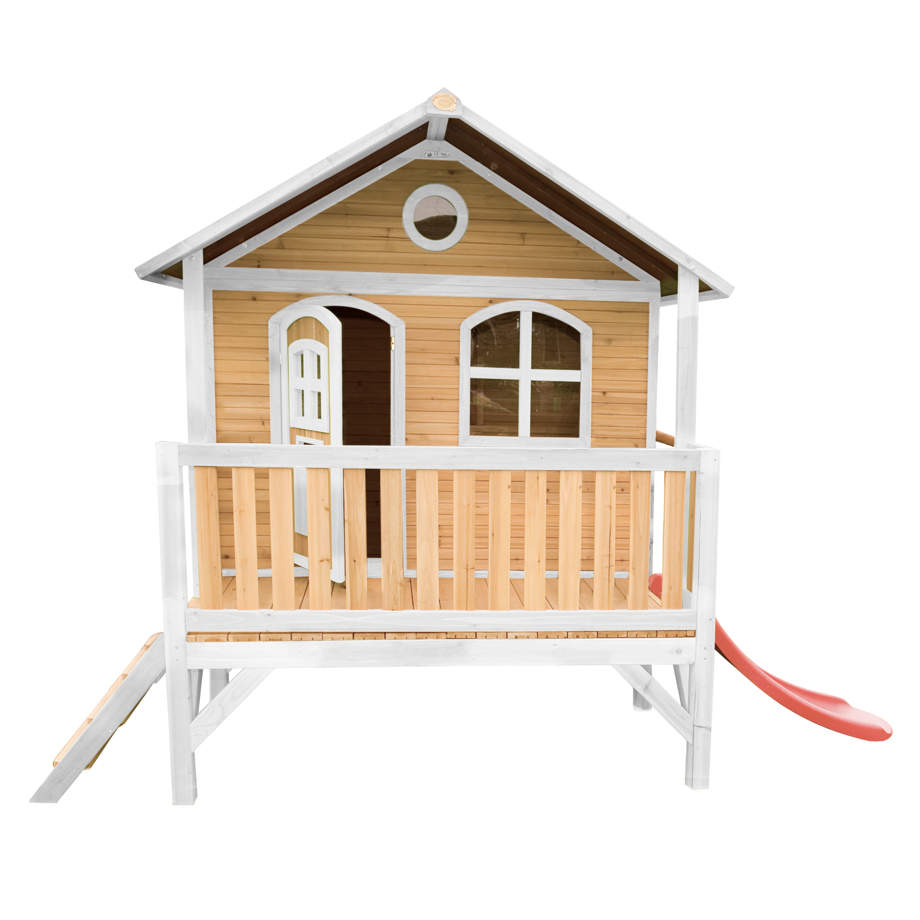 Maisonnette sur pilotis en bois brun et blanc avec toboggan rouge Maisonnette sur pilotis en bois brun et blanc avec toboggan rouge