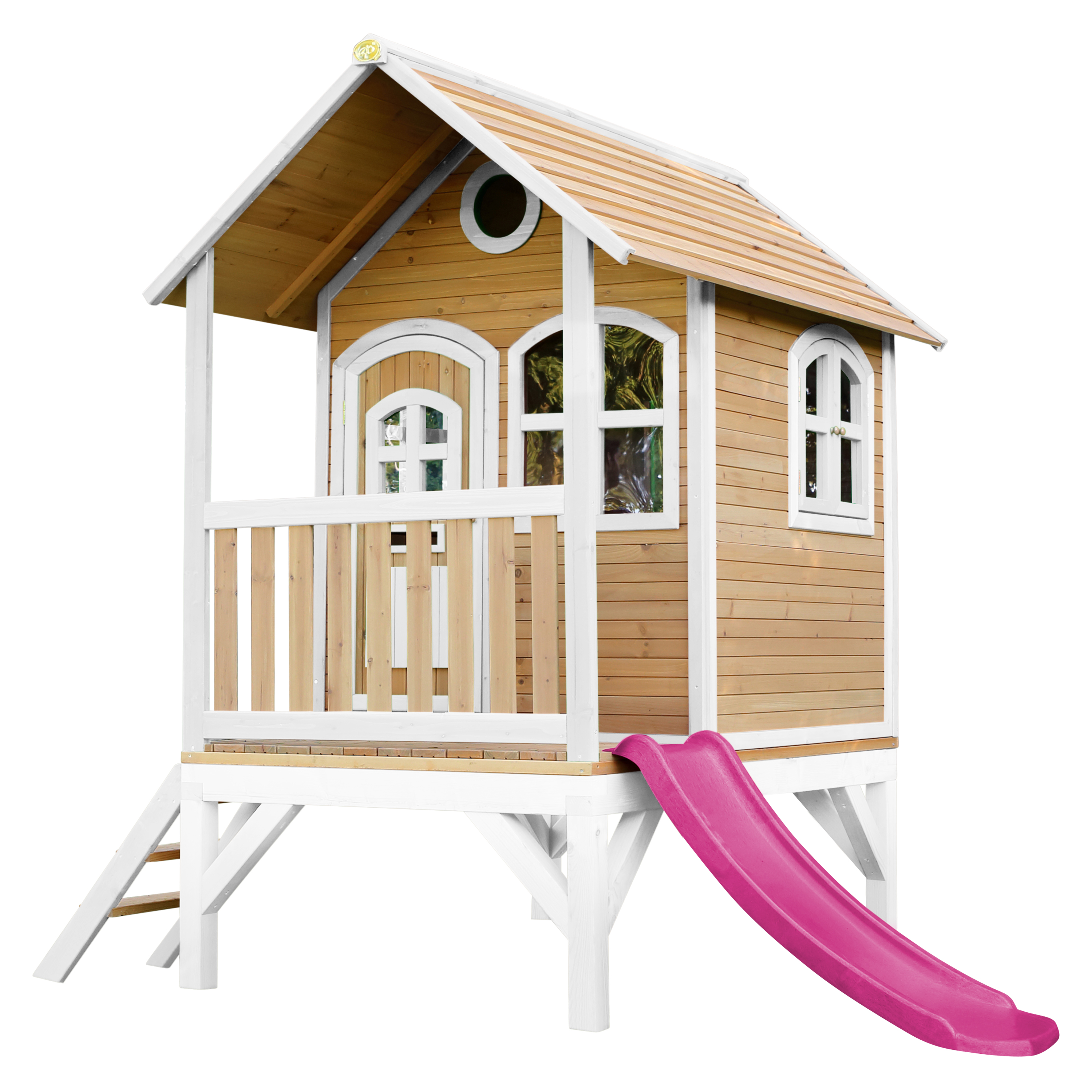 Cabane brun et blanc avec toboggan violet Cabane brun et blanc avec toboggan violet