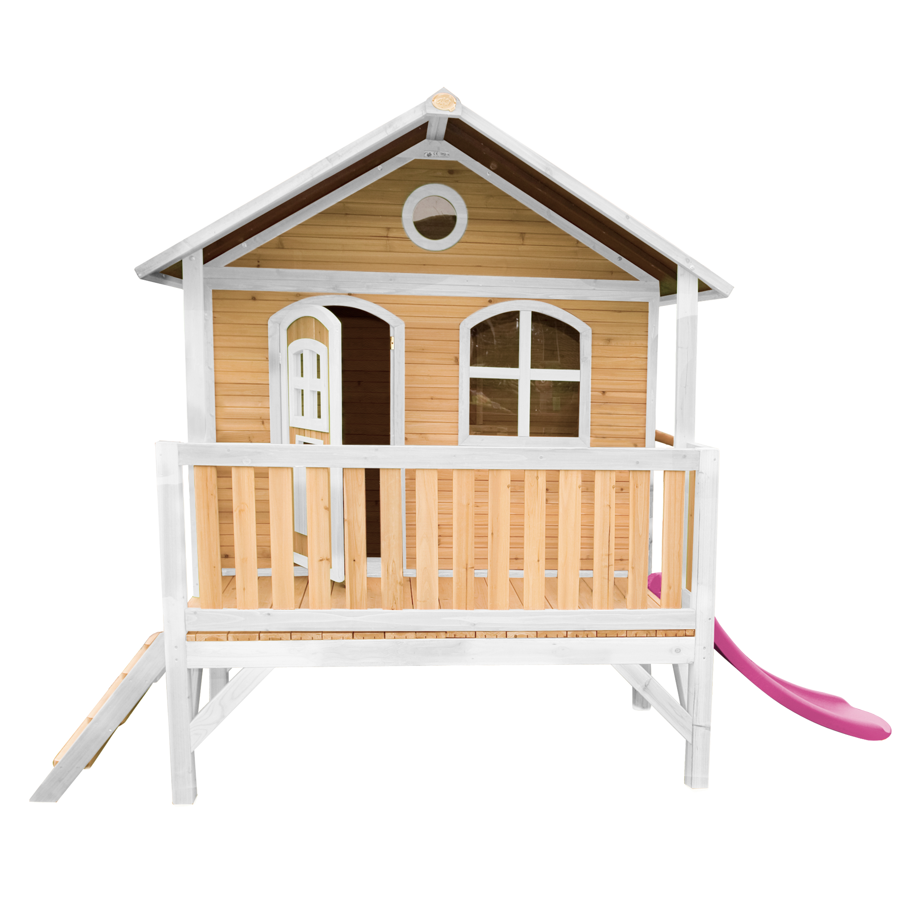 Maisonnette sur pilotis en bois brun et blanc avec toboggan violet Maisonnette sur pilotis en bois brun et blanc avec toboggan violet