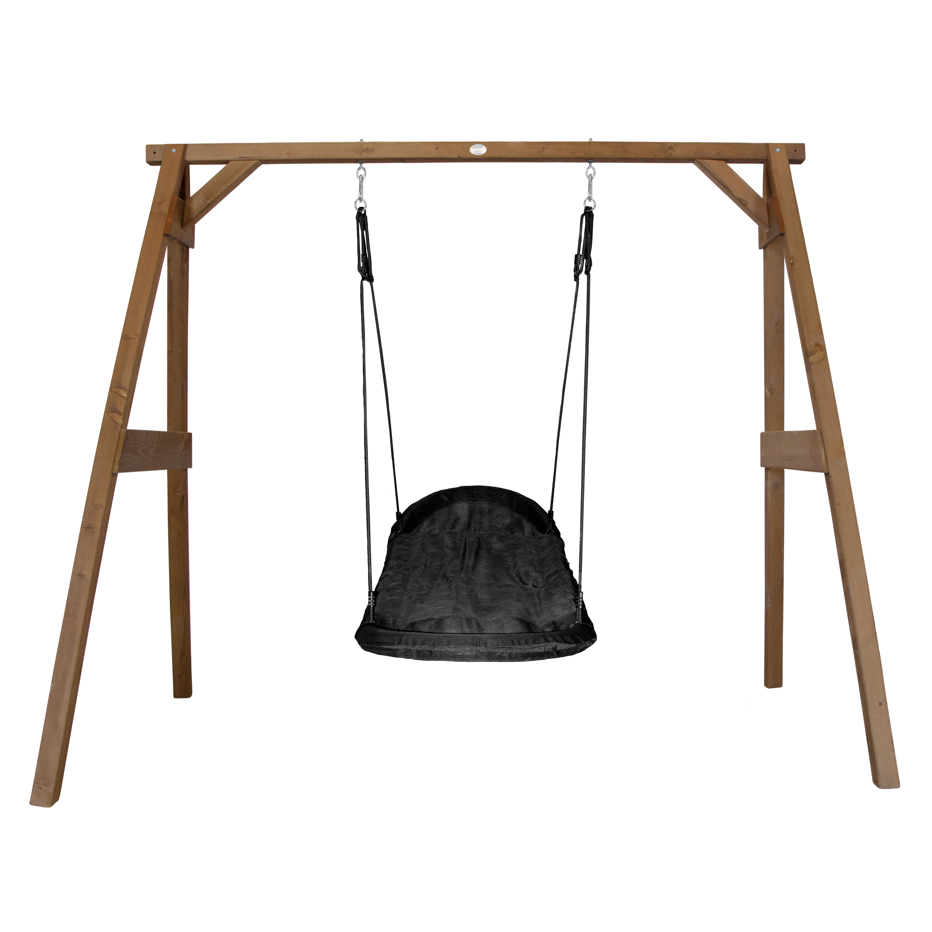 Portique en bois marron avec balançoire siège nid ovale Portique en bois marron avec balançoire siège nid ovale