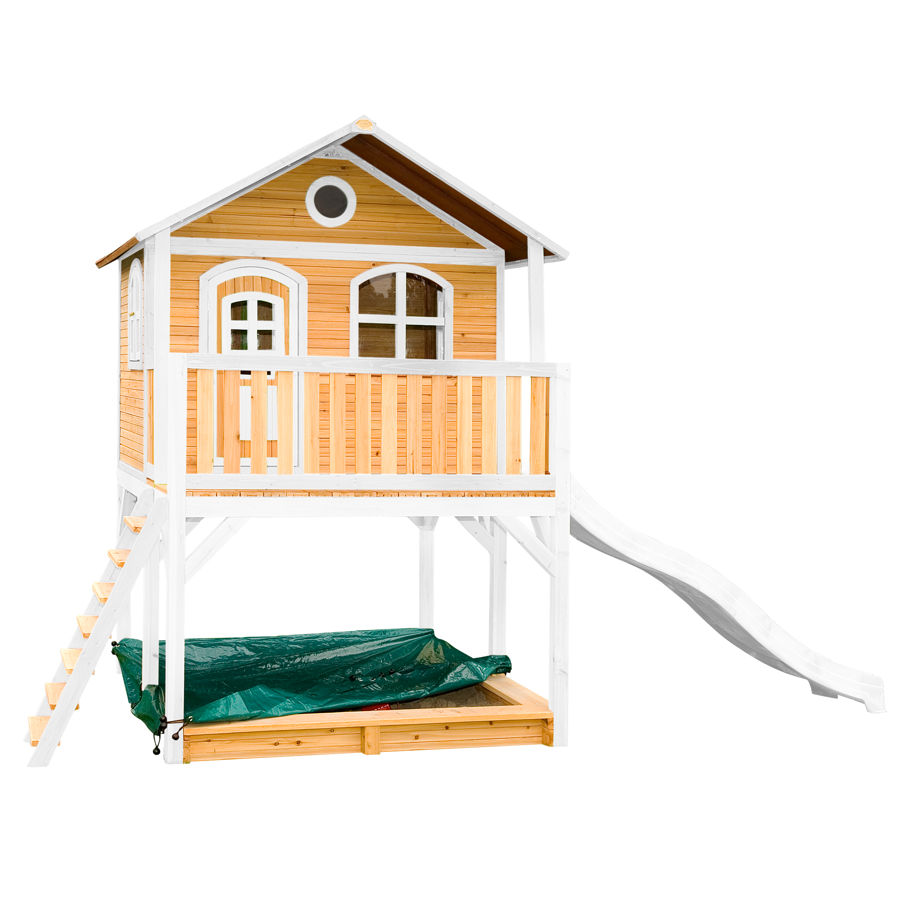 Maisonnette en bois brun et blanc sur pilotis avec toboggan blanc Maisonnette en bois brun et blanc sur pilotis avec toboggan blanc