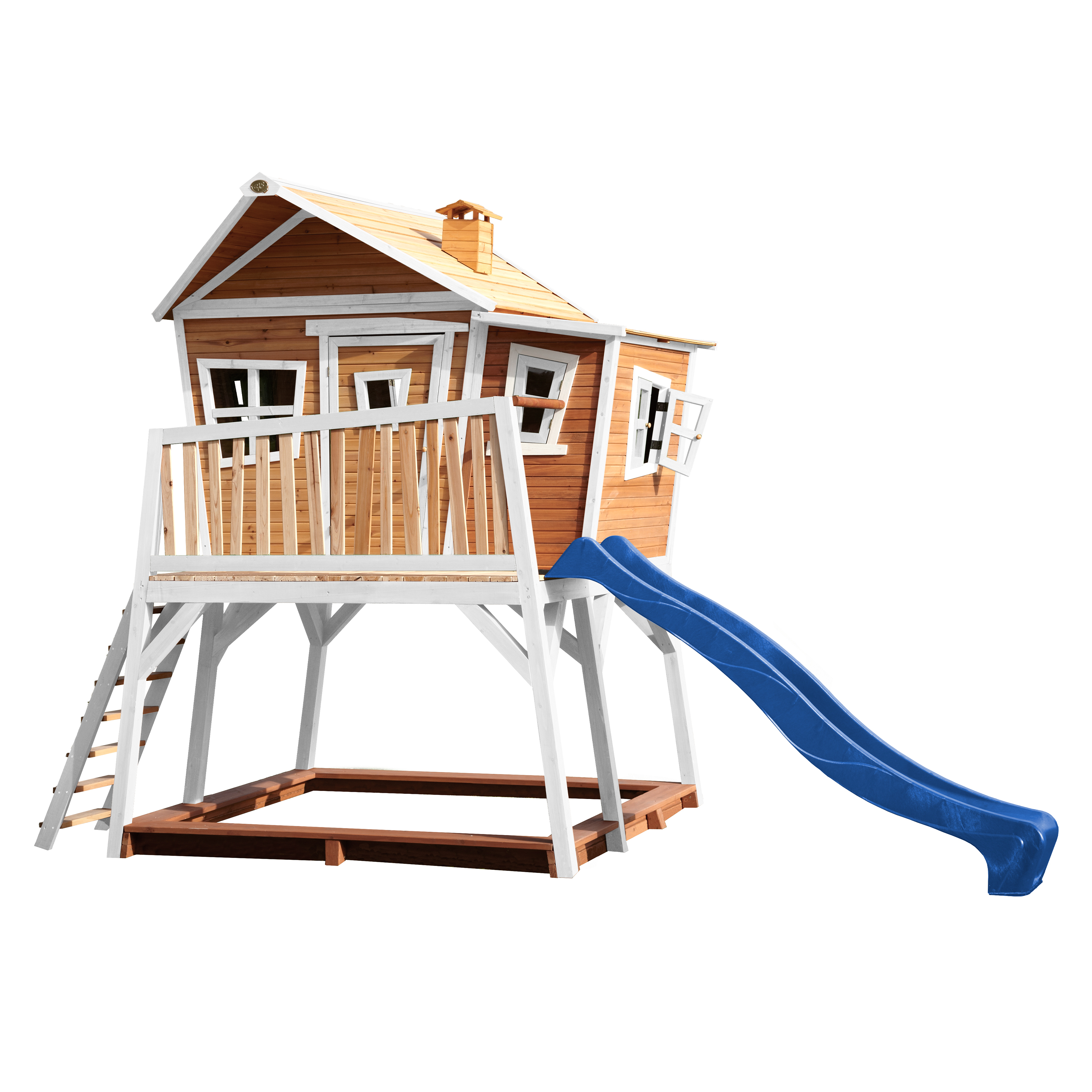 Cabane en bois brun et blanc et toboggan bleu Cabane en bois brun et blanc et toboggan bleu