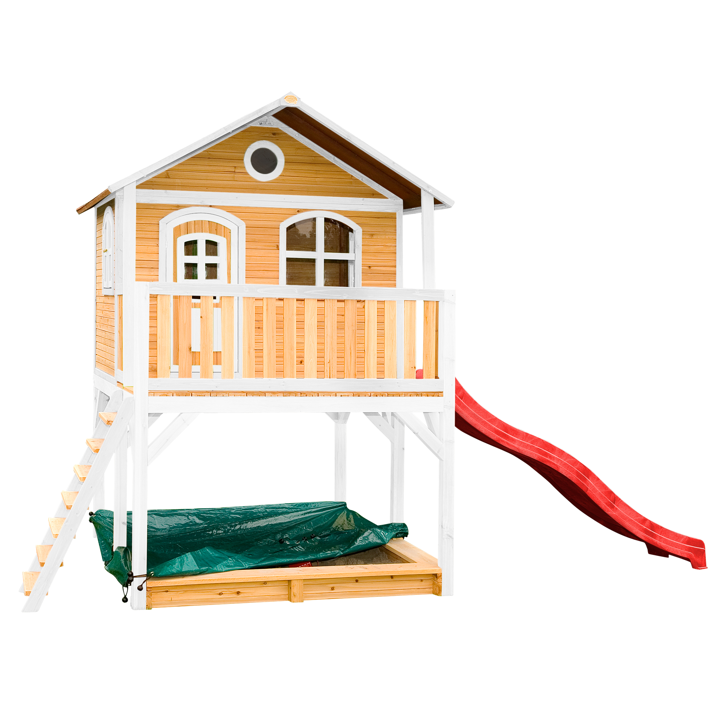 Maisonnette en bois brun et blanc sur pilotis avec toboggan rouge Maisonnette en bois brun et blanc sur pilotis avec toboggan rouge