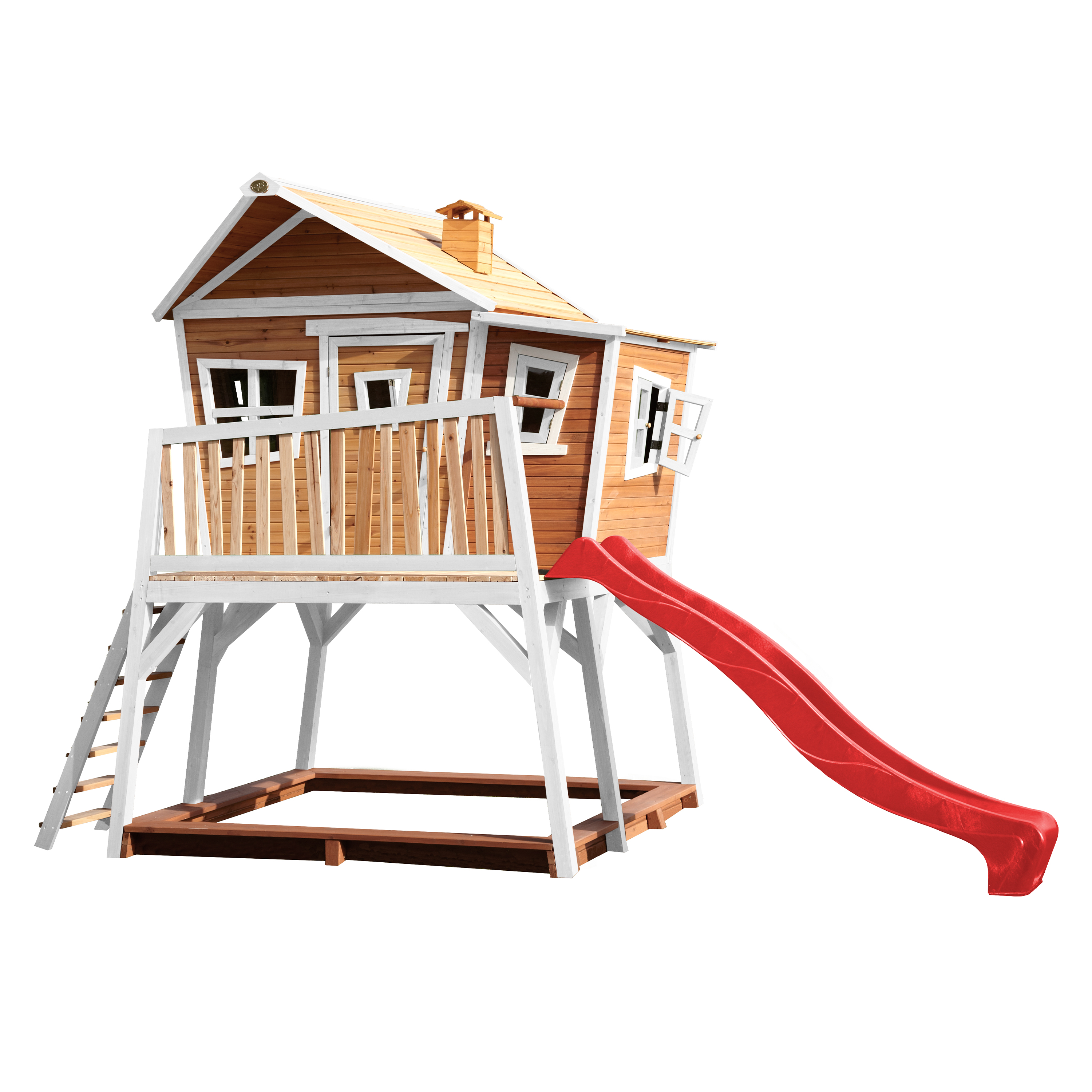 Cabane en bois brun et blanc et toboggan rouge Cabane en bois brun et blanc et toboggan rouge