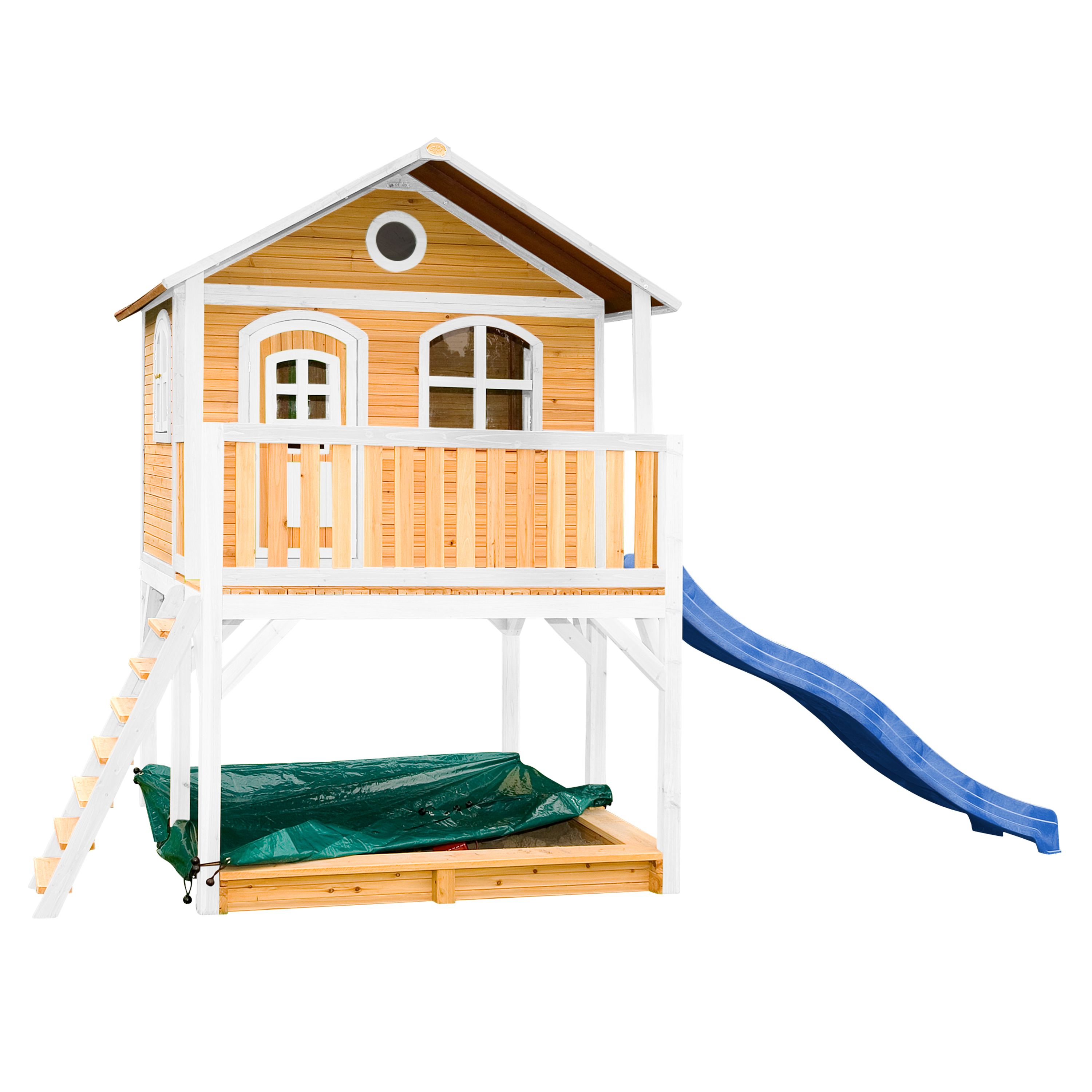 Maisonnette en bois brun et blanc sur pilotis avec toboggan bleu Maisonnette en bois brun et blanc sur pilotis avec toboggan bleu