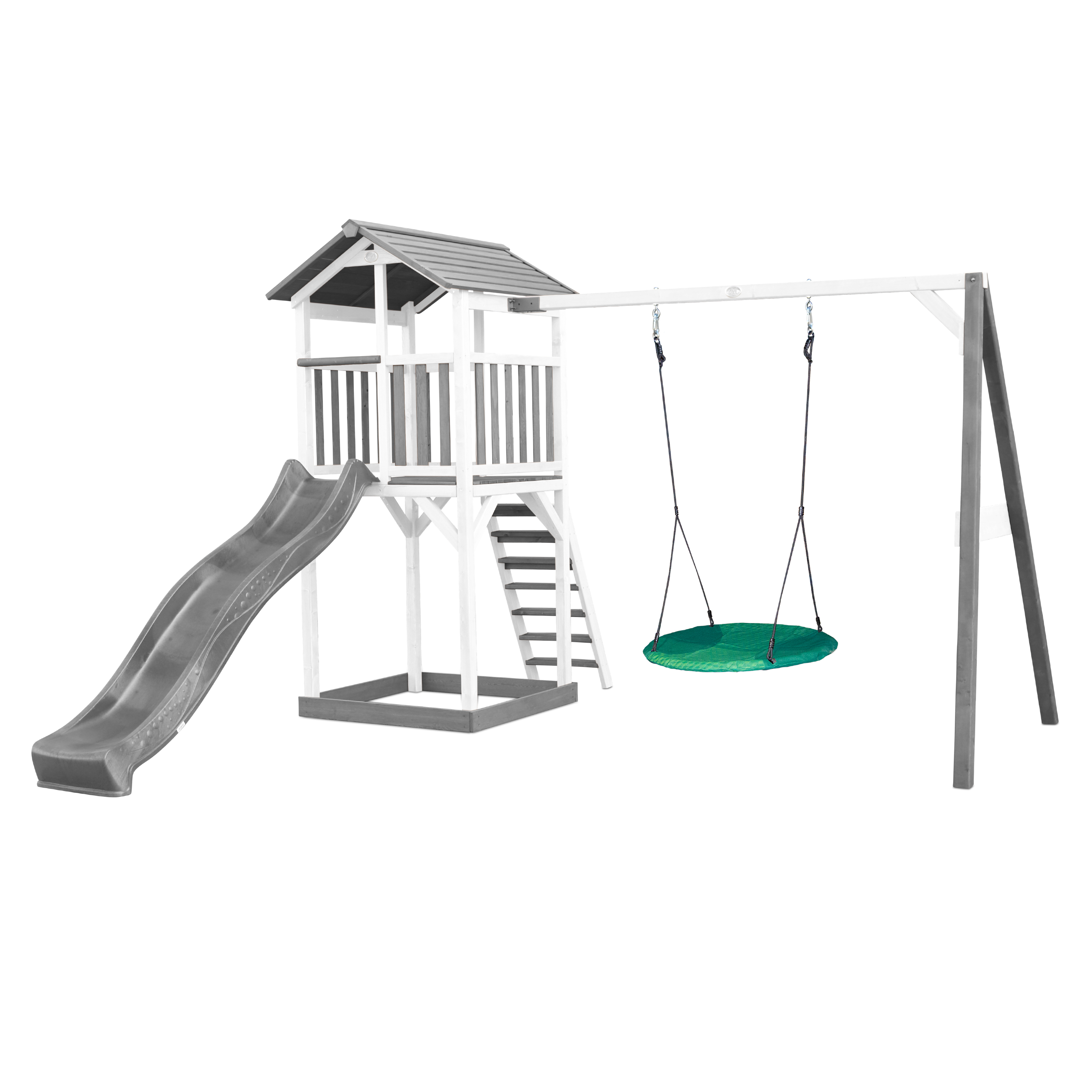 Aire de jeux en bois blanc 1 balançoire nid rond et toboggan gris Aire de jeux en bois blanc 1 balançoire nid rond et toboggan gris