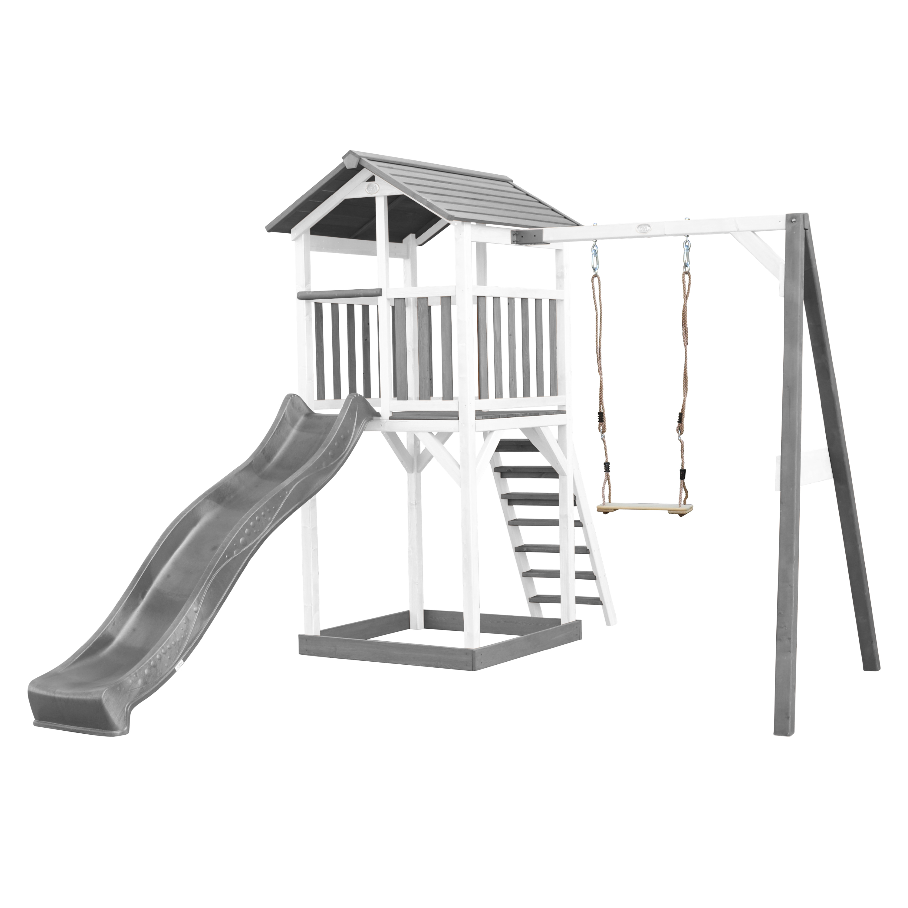 Aire de jeux en bois blanc 1 balançoire et toboggan gris Aire de jeux en bois blanc 1 balançoire et toboggan gris