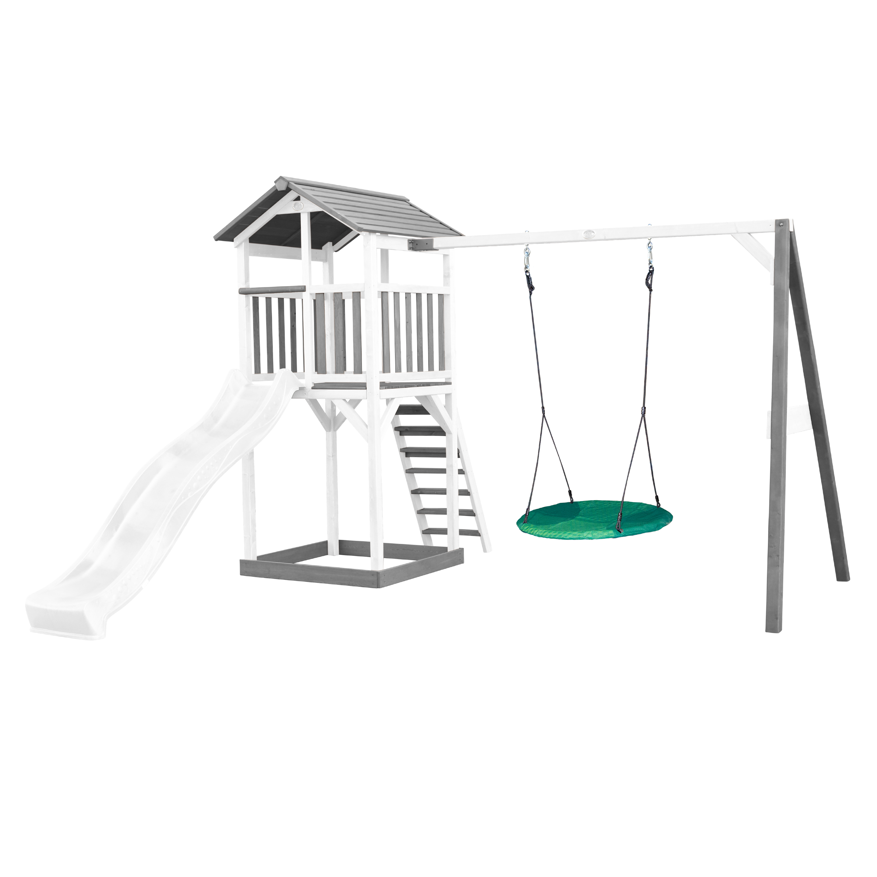 Aire de jeux en bois blanc 1 balançoire nid rond et toboggan blanc Aire de jeux en bois blanc 1 balançoire nid rond et toboggan blanc