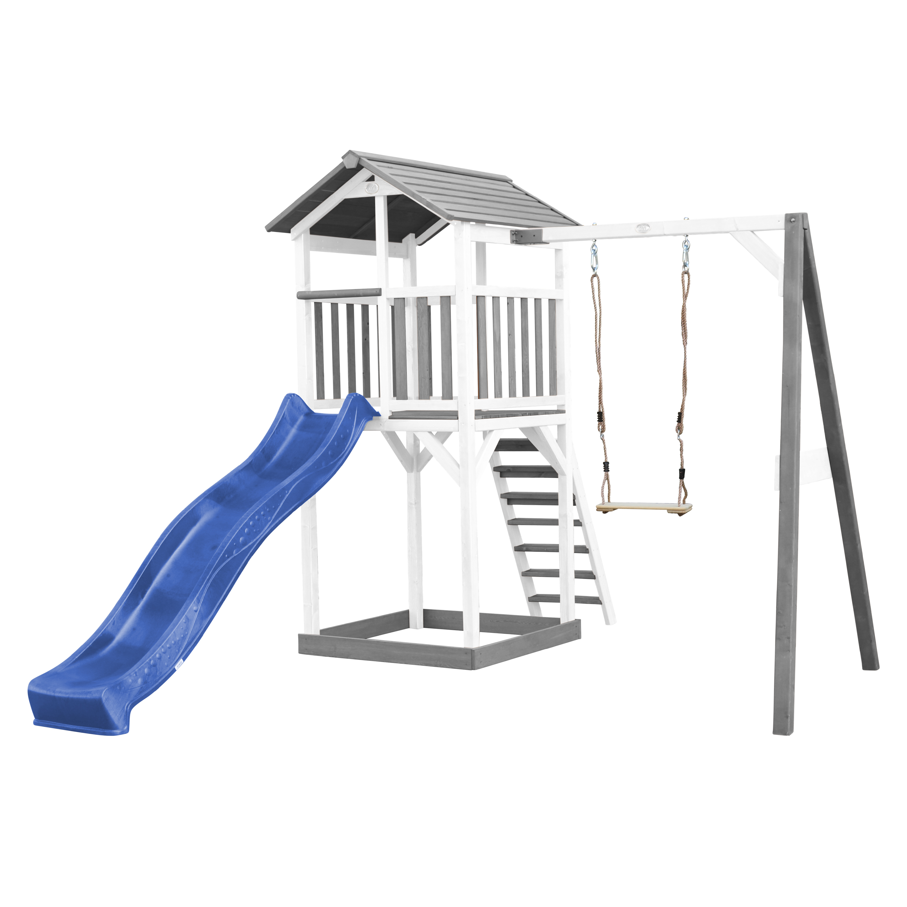 Aire de jeux en bois blanc 1 balançoire et toboggan bleu Aire de jeux en bois blanc 1 balançoire et toboggan bleu