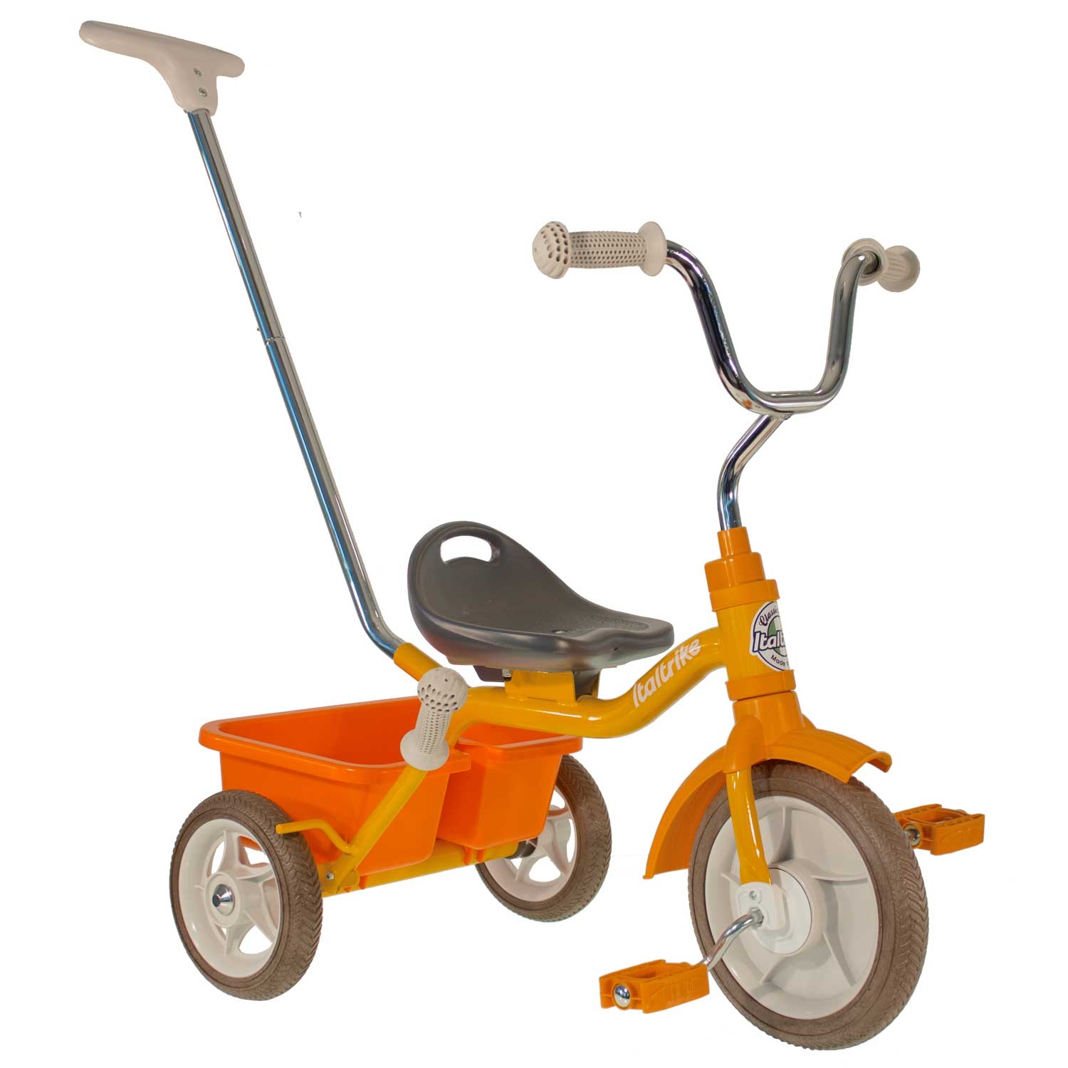 Tricycle métal orange avec canne et benne Tricycle métal orange avec canne et benne