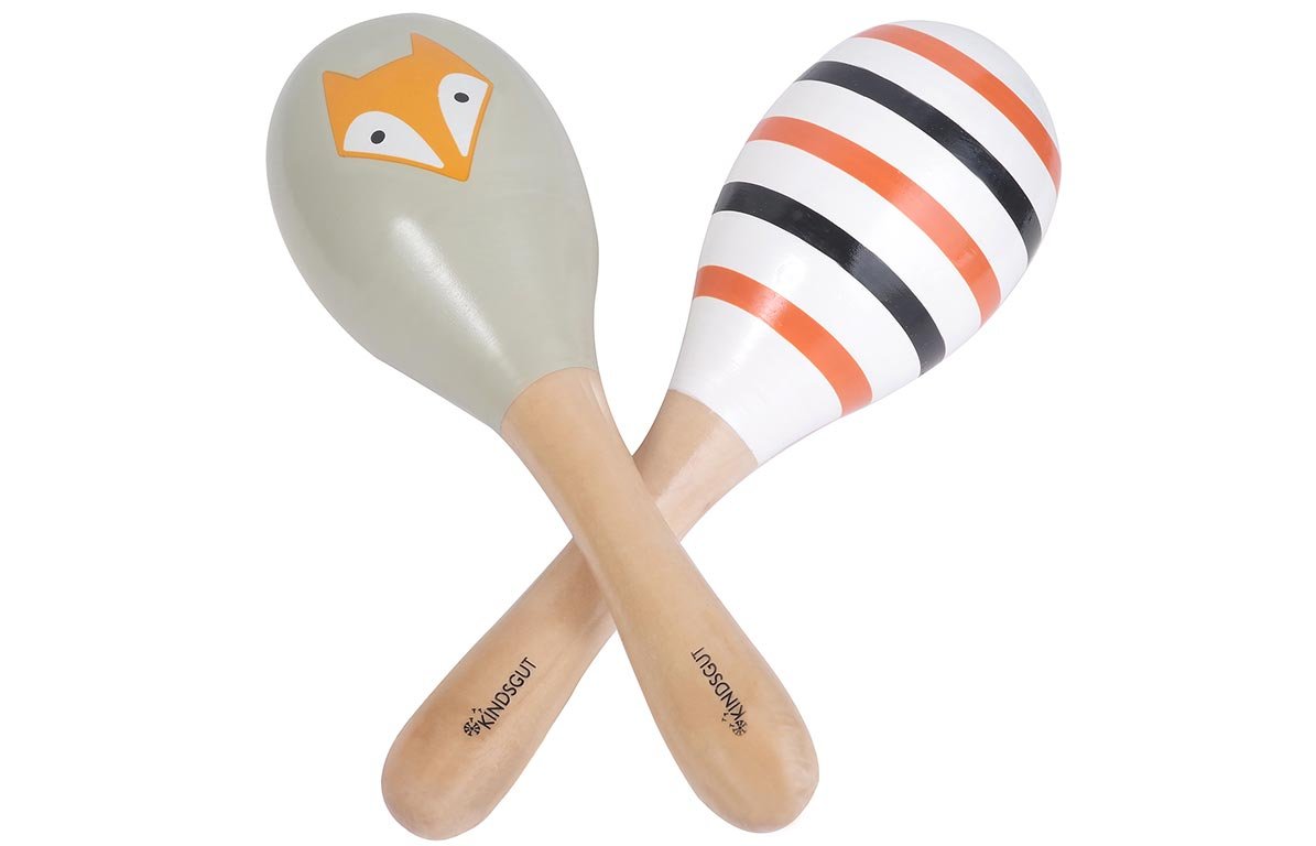 Maracas hochet en bois motifs rayures et renards multicolore