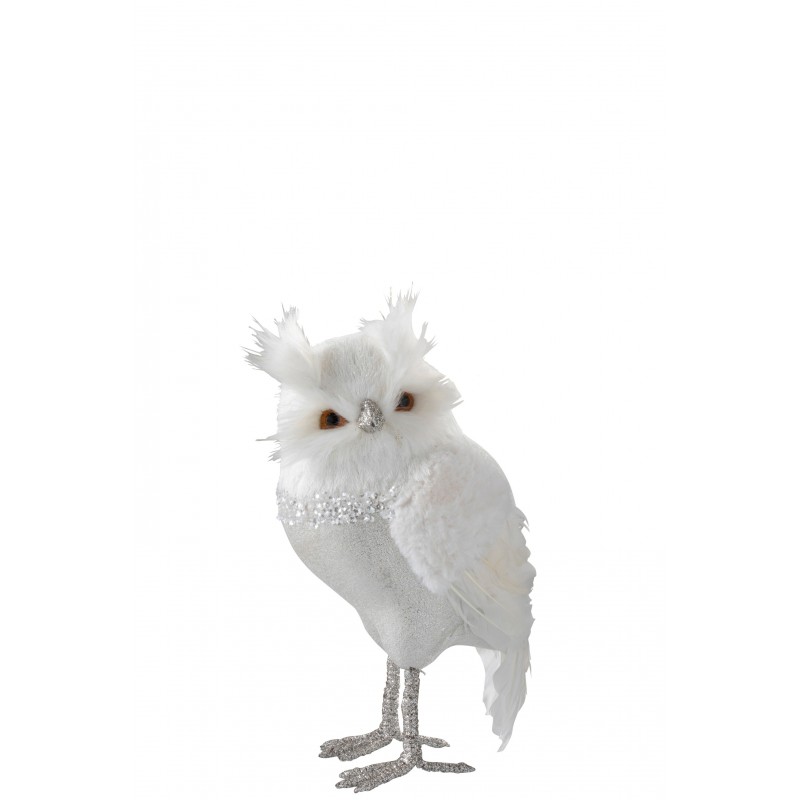 Hibou debout peluche/plumes blanc/argent H30,5cm