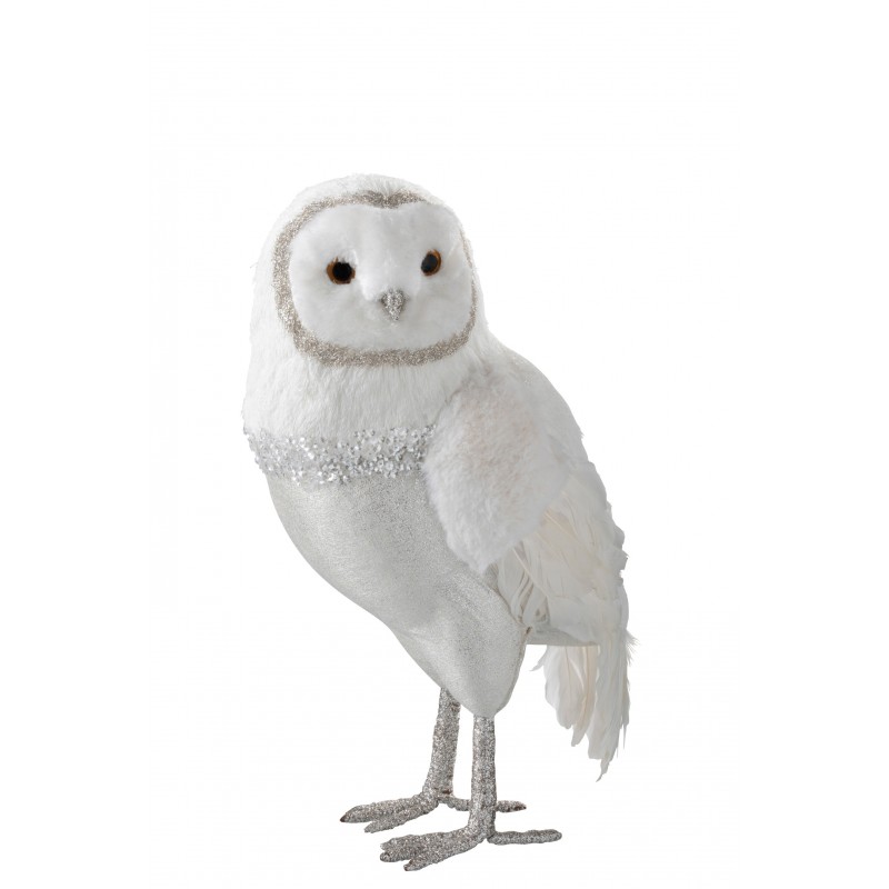 Hibou debout peluche/plumes blanc/argent H41cm