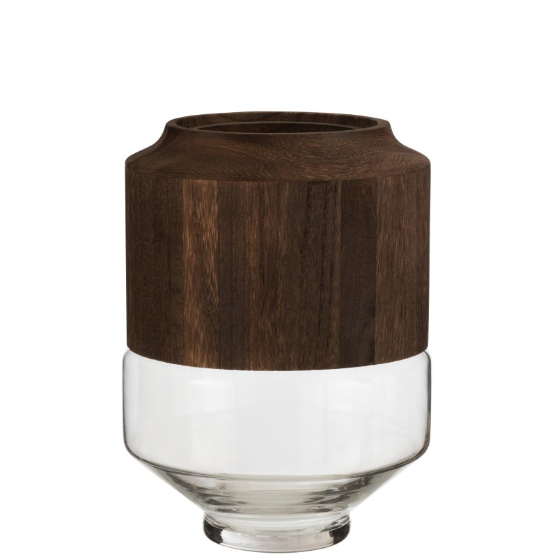Vase rond haut bois/verre marron foncé H31cm