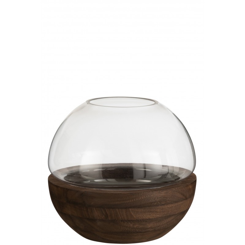 Vase rond bois/verre marron foncé H22,5cm