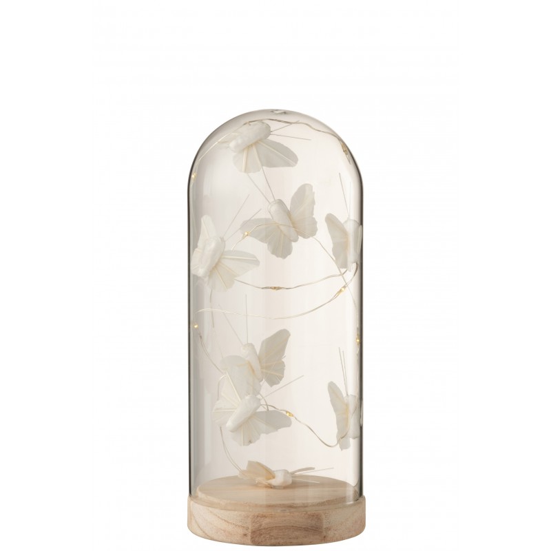 Cloche haute led papillons verre/bois blanc H22cm Cloche haute led papillons verre/bois blanc H22cm