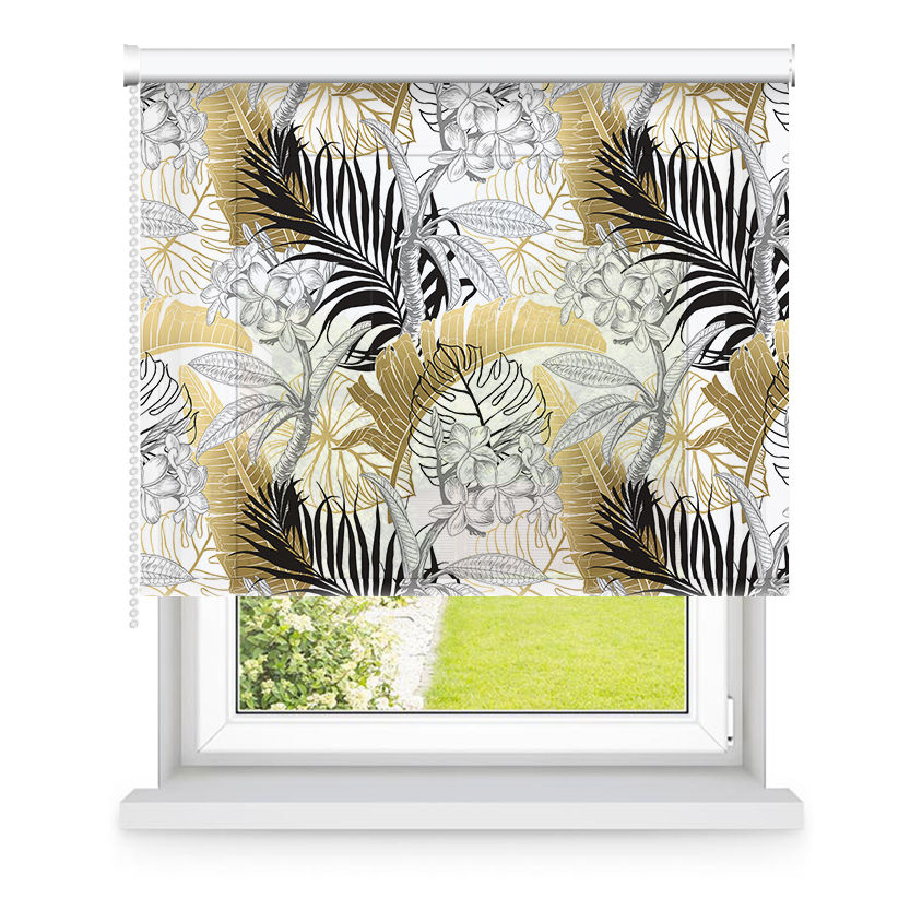 Store enrouleur tamisant blanc, noir, or motifs feuilles L105x H250cm Store enrouleur tamisant blanc, noir, or motifs feuilles L105x H250cm
