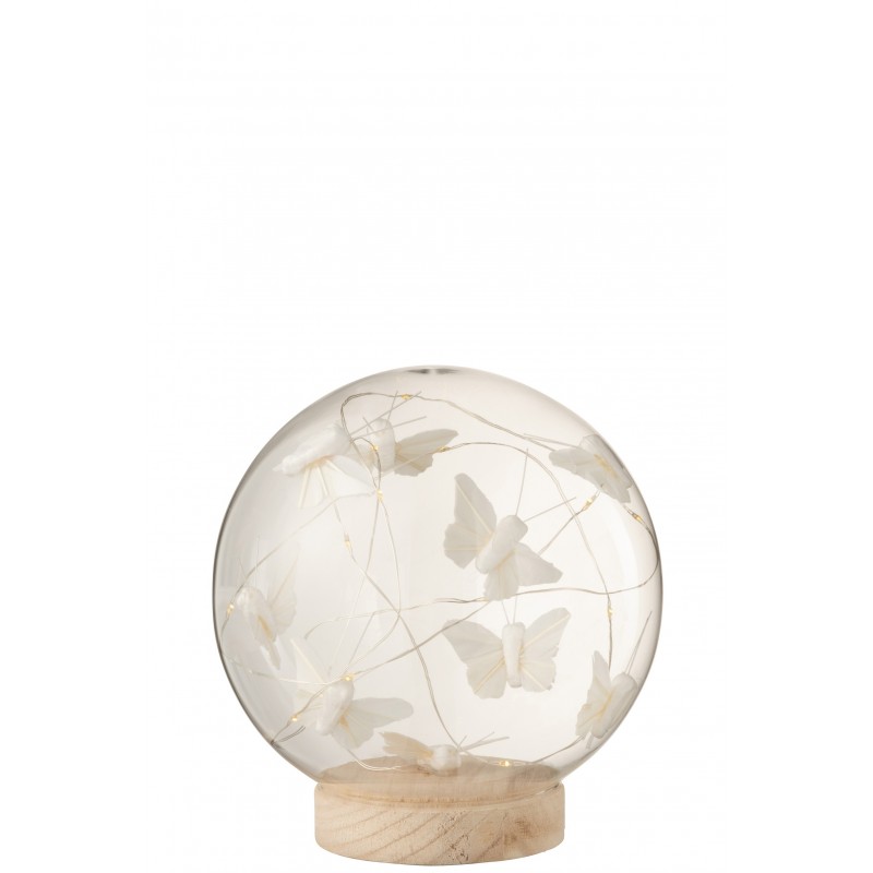 Cloche boule led papillons verre/bois blanc/naturel H16cm Cloche boule led papillons verre/bois blanc/naturel H16cm