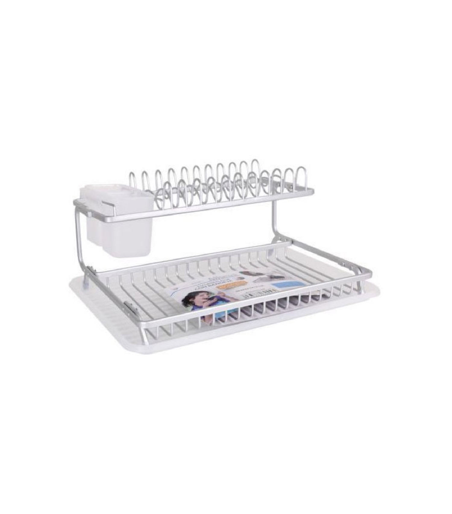 Égouttoir à vaisselle en plastique blanc et aluminium gris 2 étages Égouttoir à vaisselle en plastique blanc et aluminium gris 2 étages