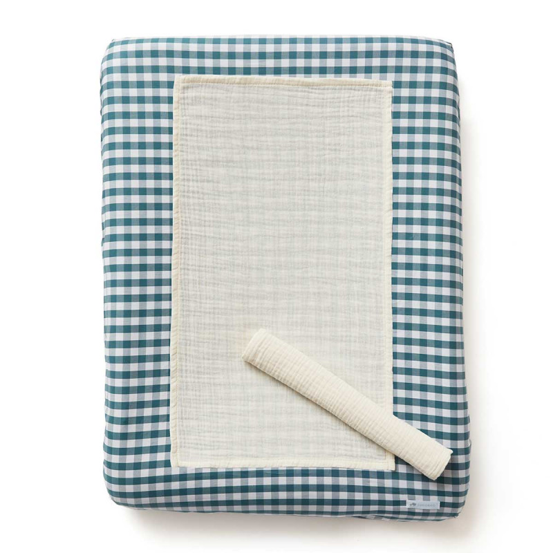 Housse de matelas à langer imprimé vichy bleu paon + 2 langes ecru Housse de matelas à langer imprimé vichy bleu paon + 2 langes ecru