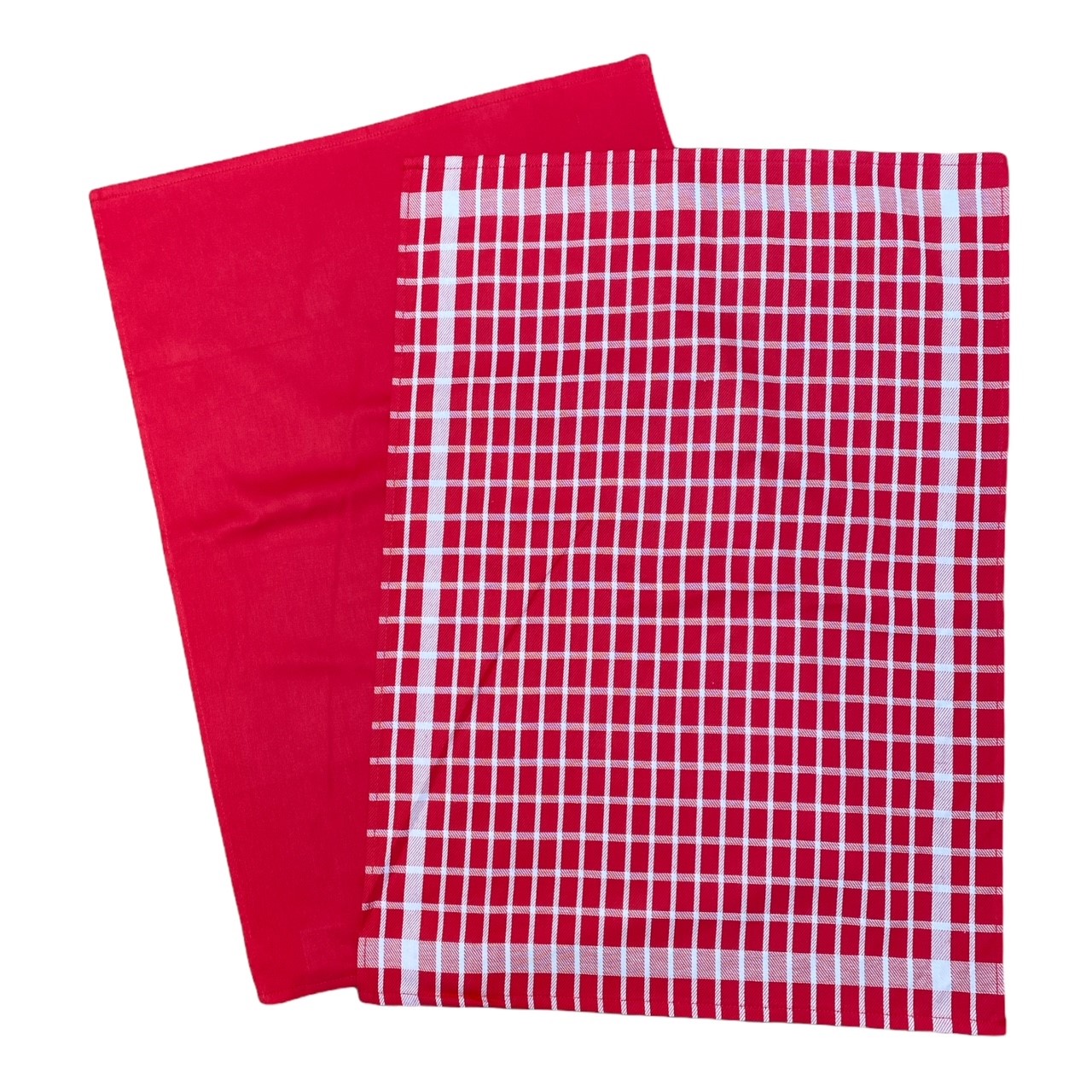Deux Duos torchons assortis bicolores carreaux rouges 50 x 70