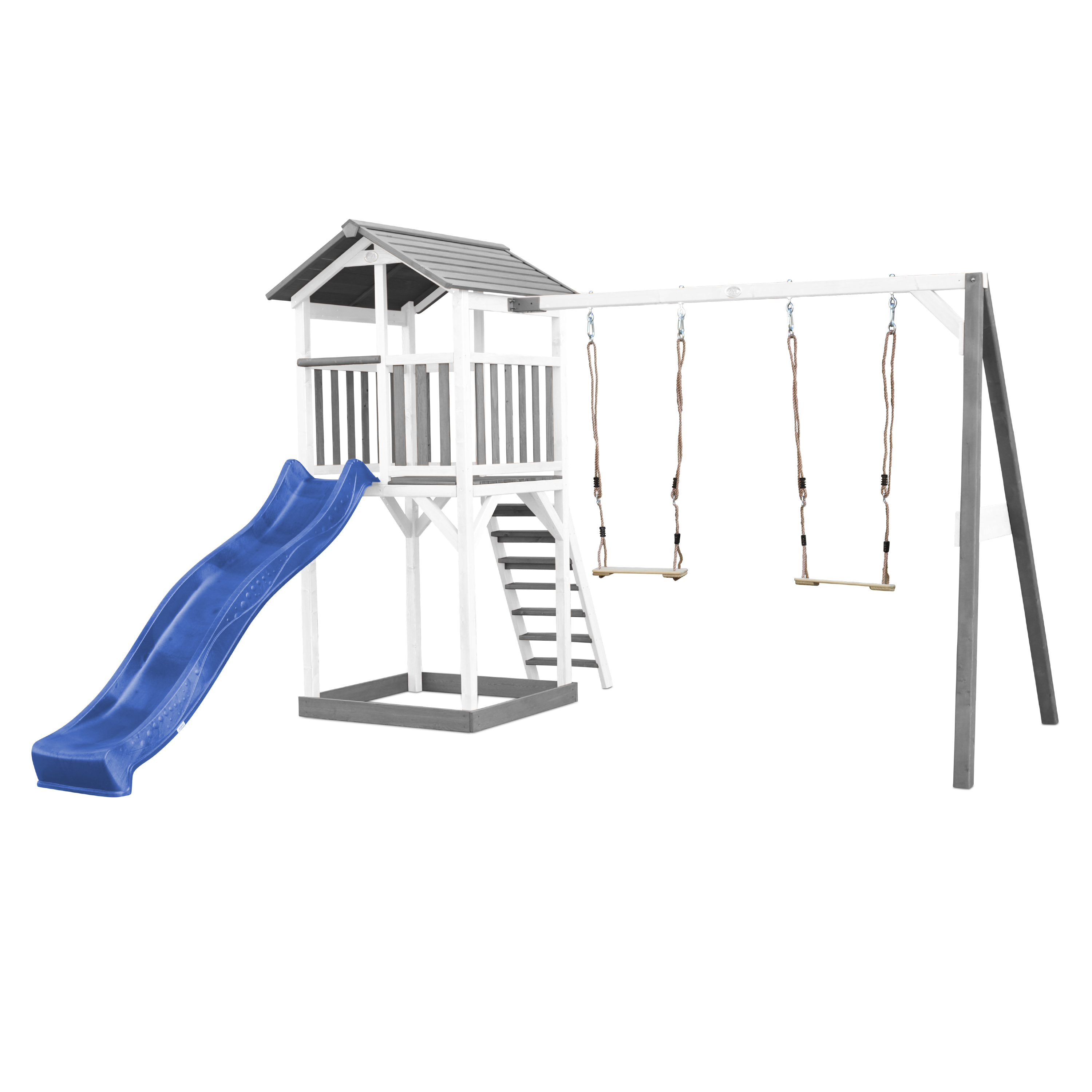 Aire de jeux en bois blanc avec 2 balançoires et toboggan bleu Aire de jeux en bois blanc avec 2 balançoires et toboggan bleu