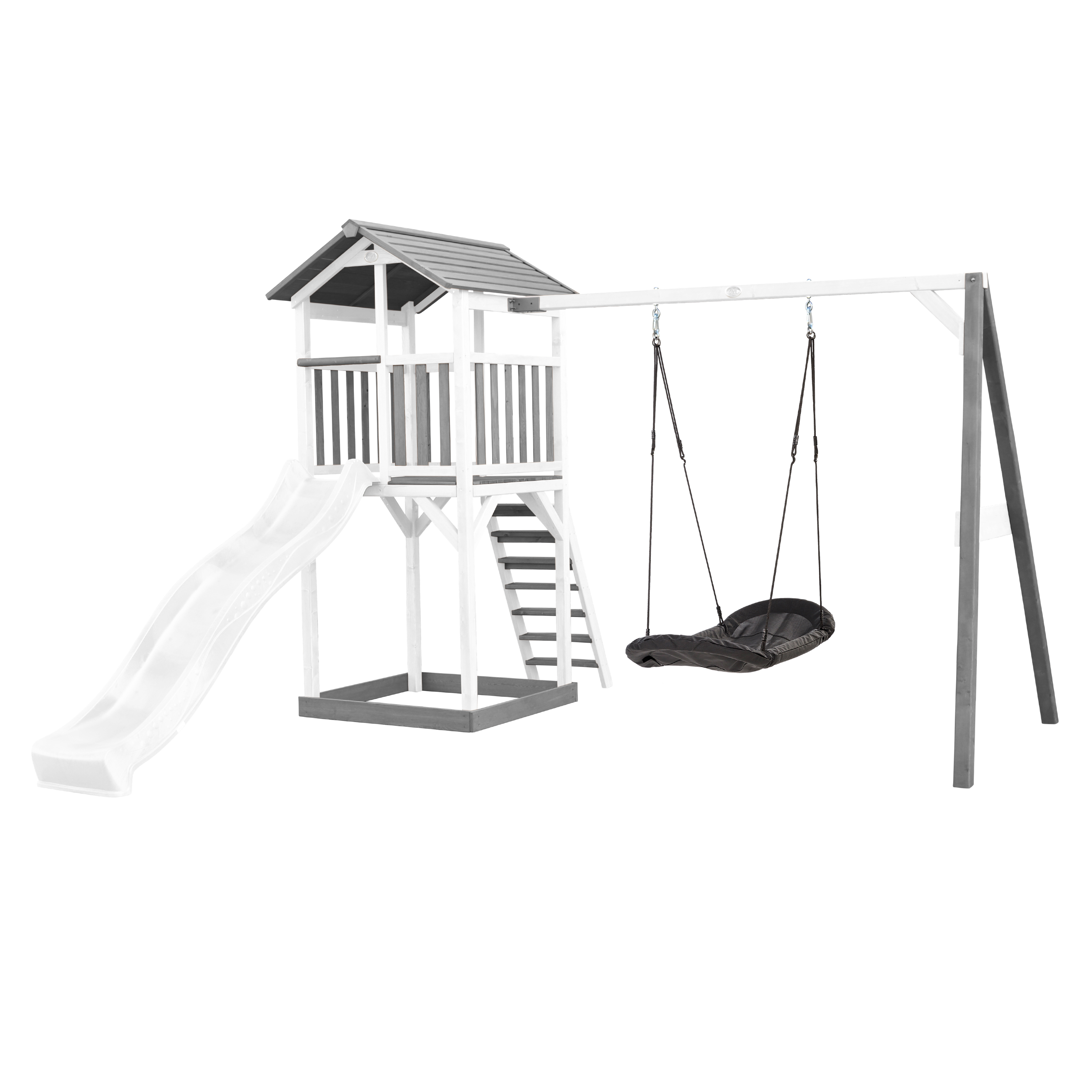 Aire de jeux en bois avec 1 balançoire nid ovale et toboggan blanc Aire de jeux en bois avec 1 balançoire nid ovale et toboggan blanc