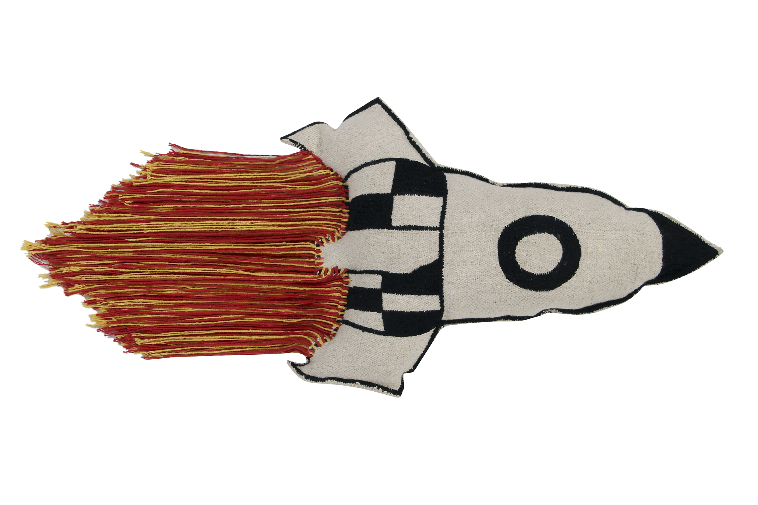Coussin fusée en coton rouge, blanc et noir 65x30