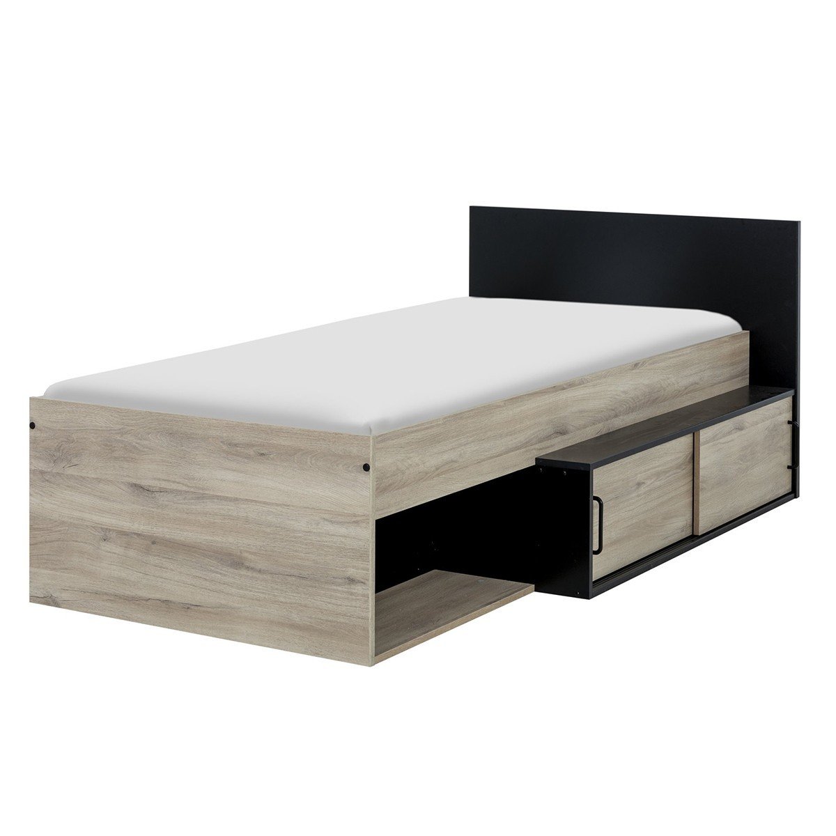 Lit Enfant Compact et Rangements - Chêne et noir 90x200