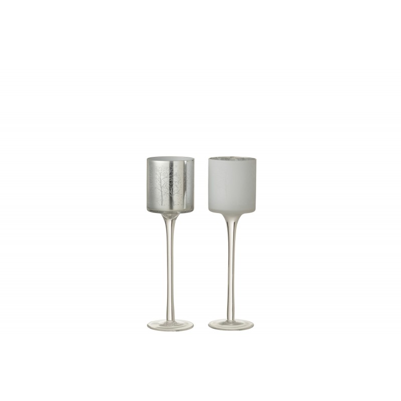 Photophores sur pied verre blanc/argent - Lot de 2