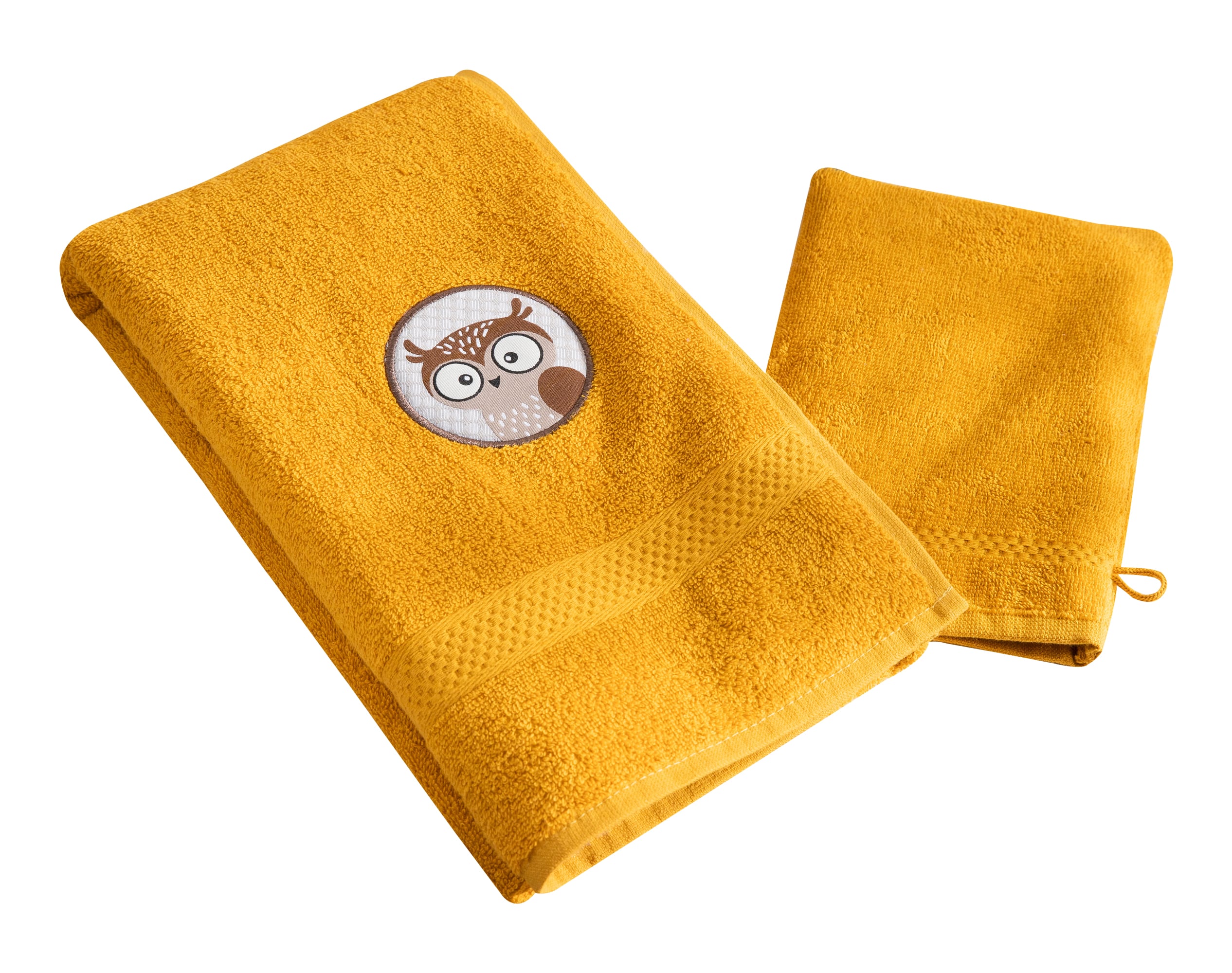 Lot serviette de bain enfant et gant de toilette jaune 50x90 en coton Lot serviette de bain enfant et gant de toilette jaune 50x90 en coton
