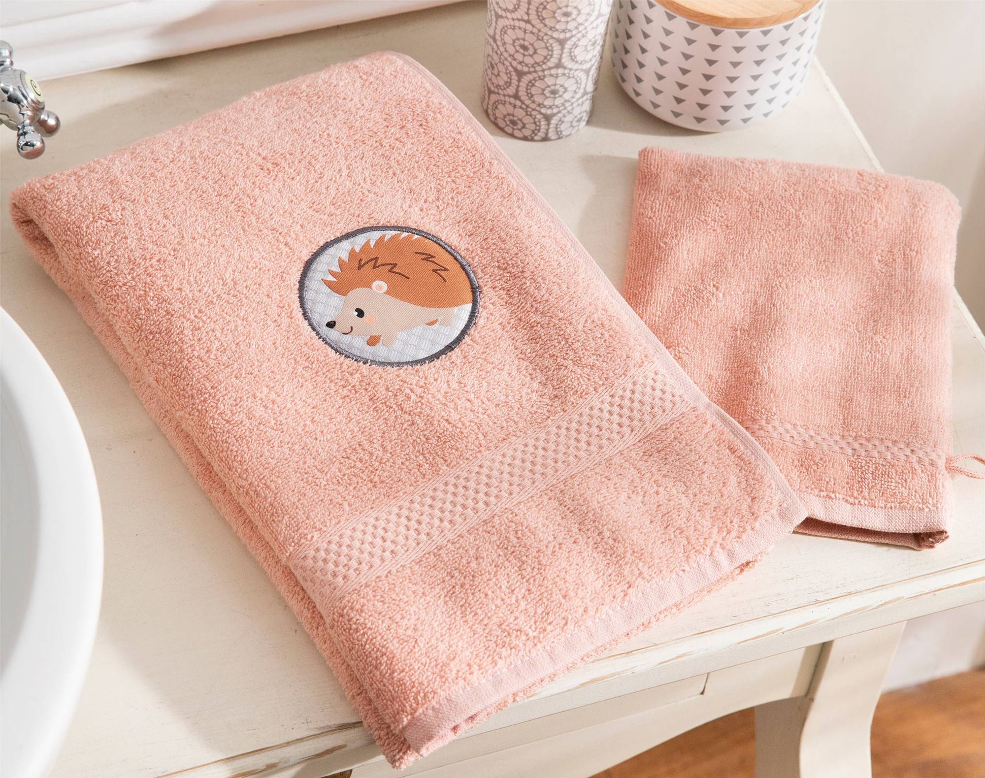 serviette de toilette + gant 50x90 rose en coton