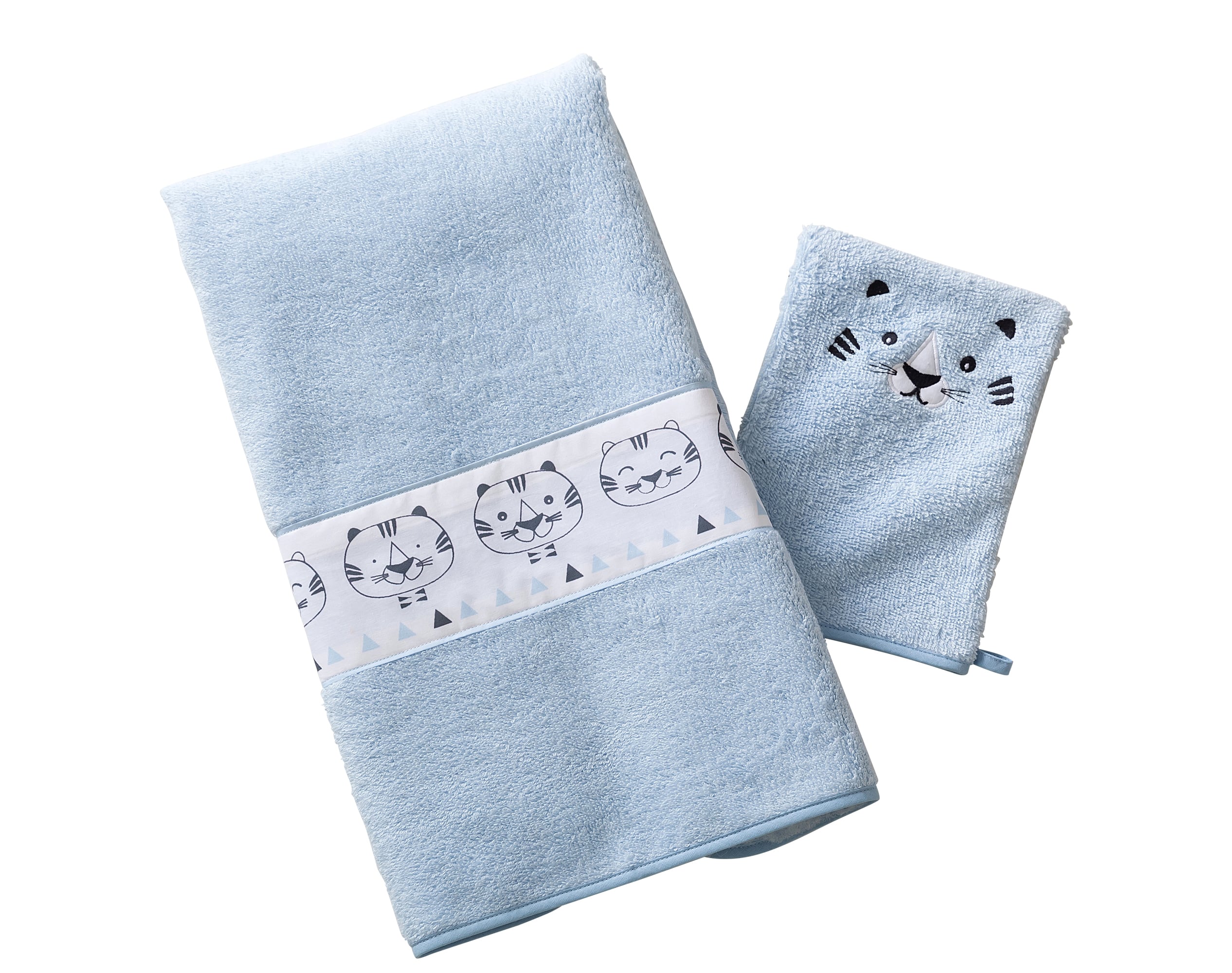 Lot serviette de bain enfant et gant de toilette bleu 50x90 en coton