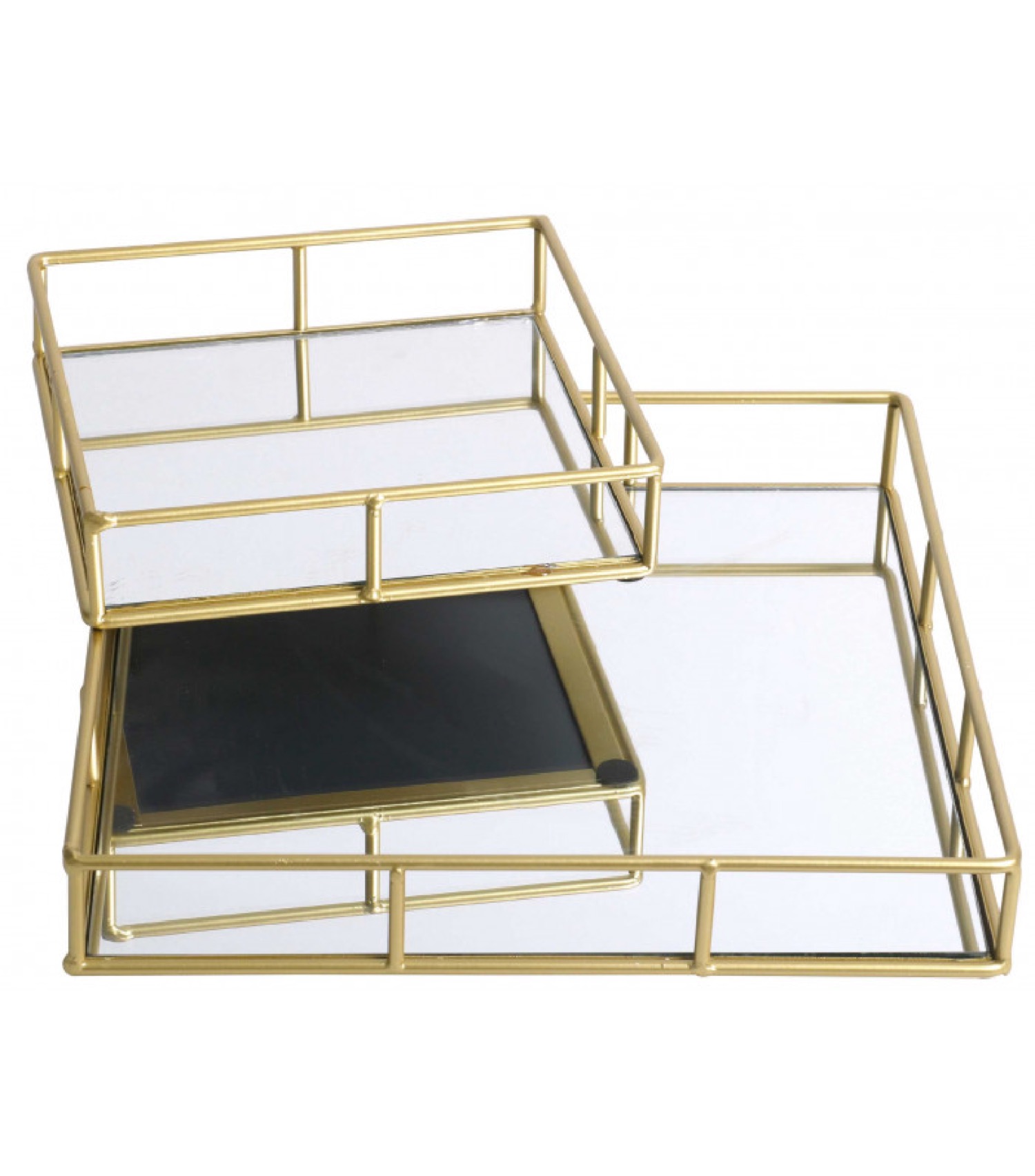 Set de 2 plateaux en métal doré et miroir carrés 30x30x5cm Set de 2 plateaux en métal doré et miroir carrés 30x30x5cm