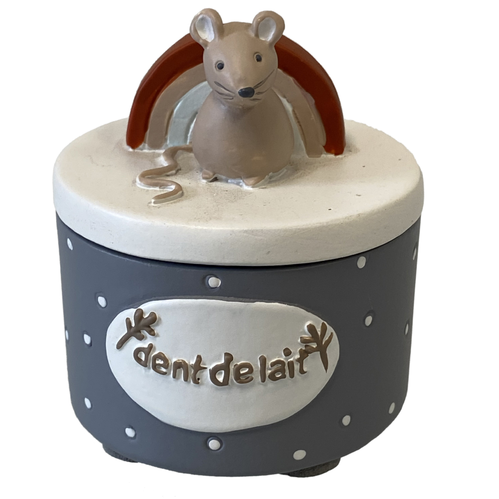 Boite à dents de lait arc en ciel et souris gris Boite à dents de lait arc en ciel et souris gris